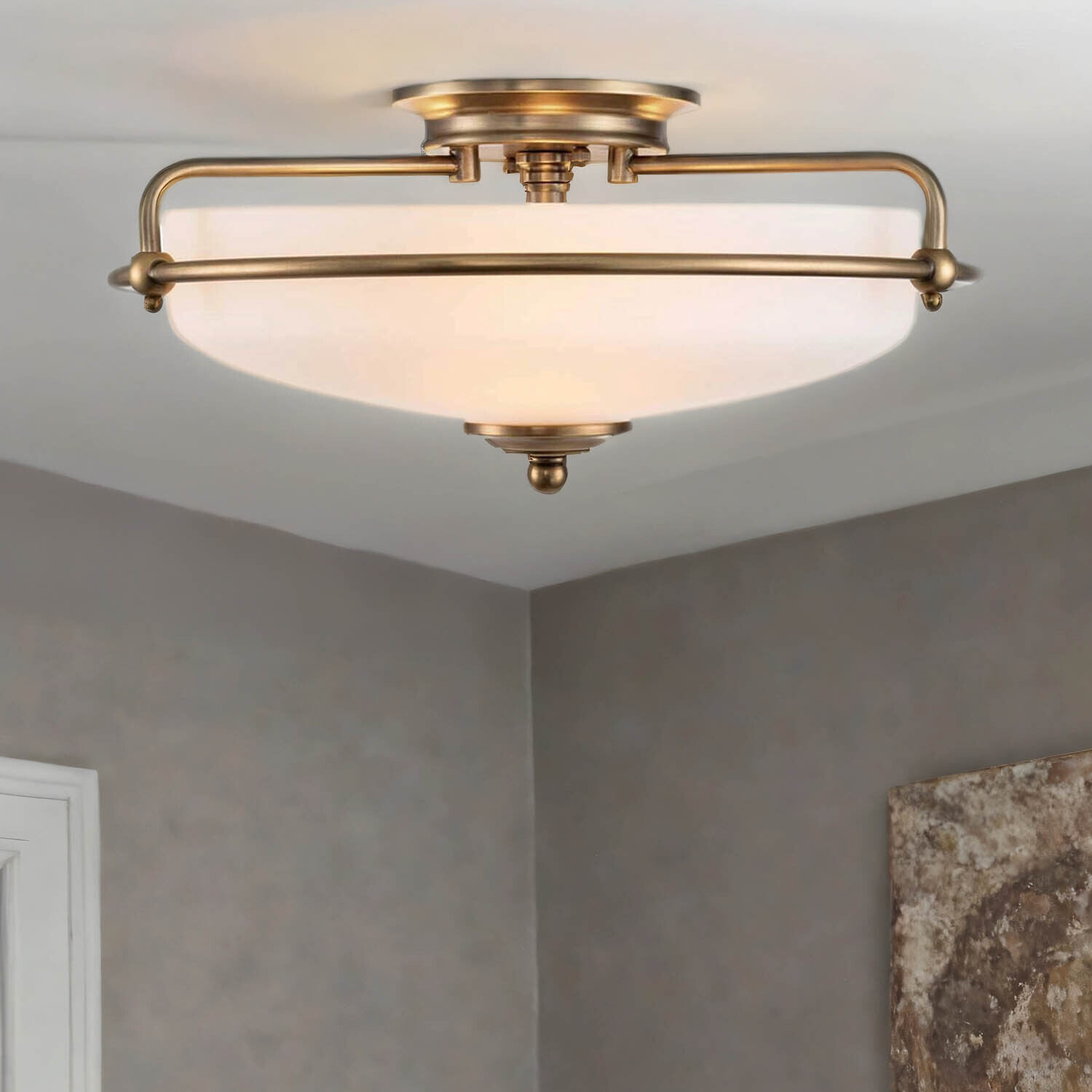 Art Nouveau Lampe plafond verre en laiton antique blanc Ø 42,2 cm Deckenleuchte, Leuchte