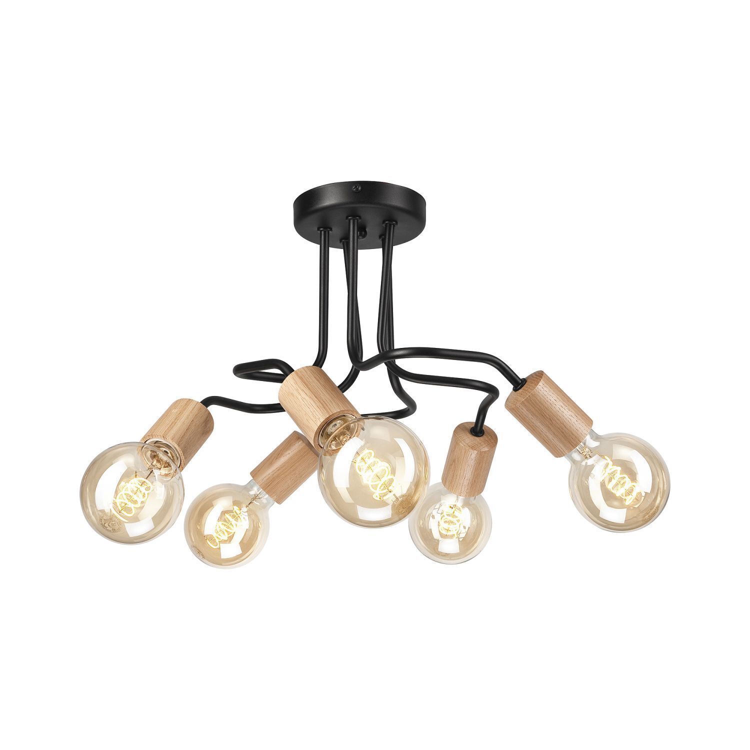 Plafonnier Métal Bois Noir 5 flammes E27 Rétro ANANI