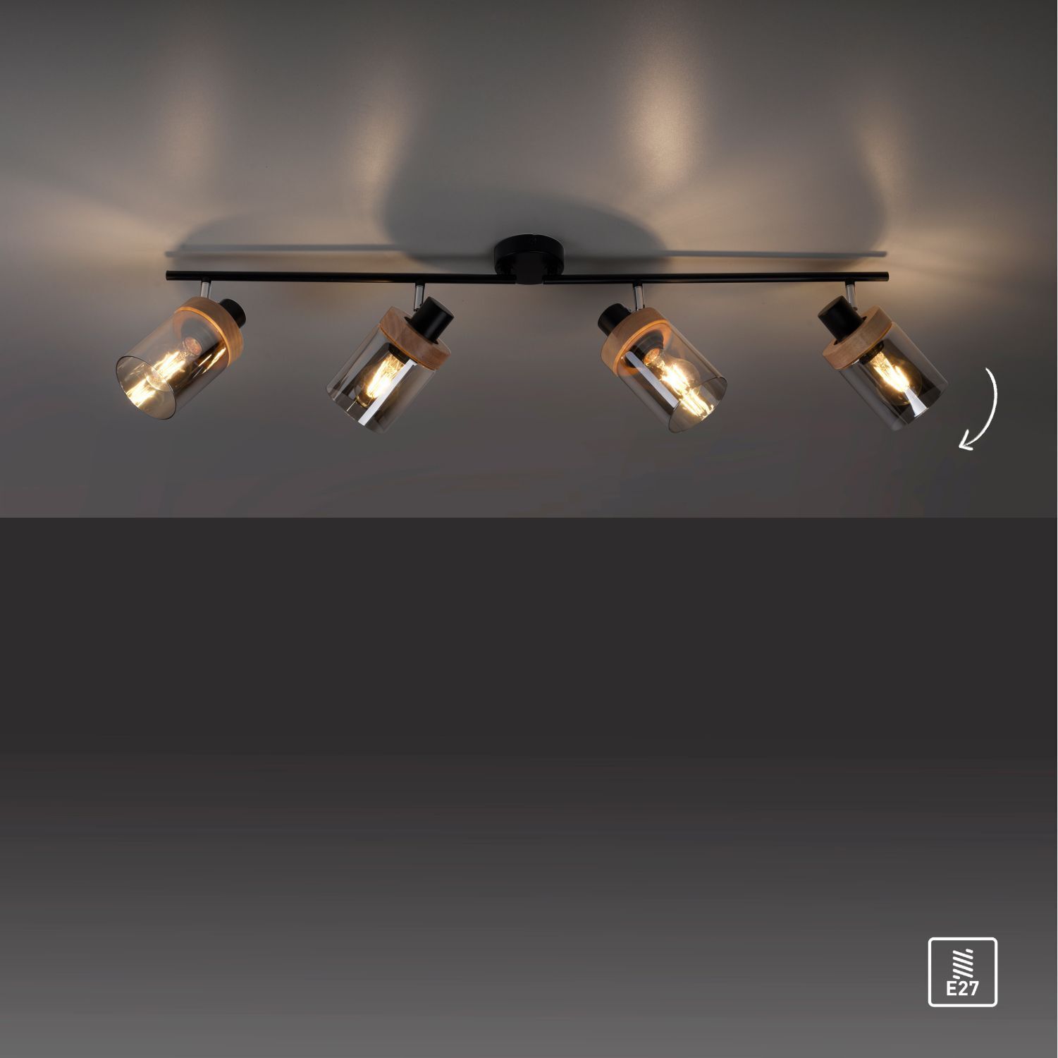 Projecteur mobile de plafond verre fumé bois E27 4-flamme