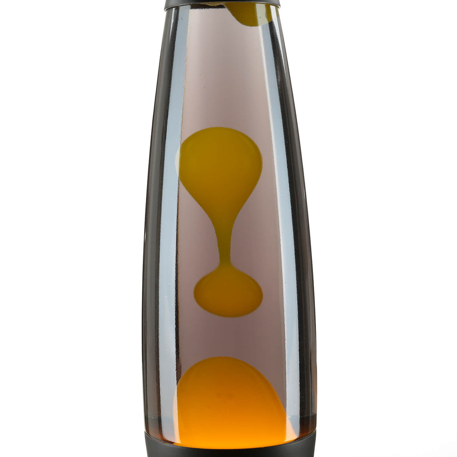 lavalampe-roxy-lava-lamp-schwarz-grau-gelb-3 Glasflasche, orangefarbene Flüssigkeit, Stundenglas, Glasmaterial, transparent