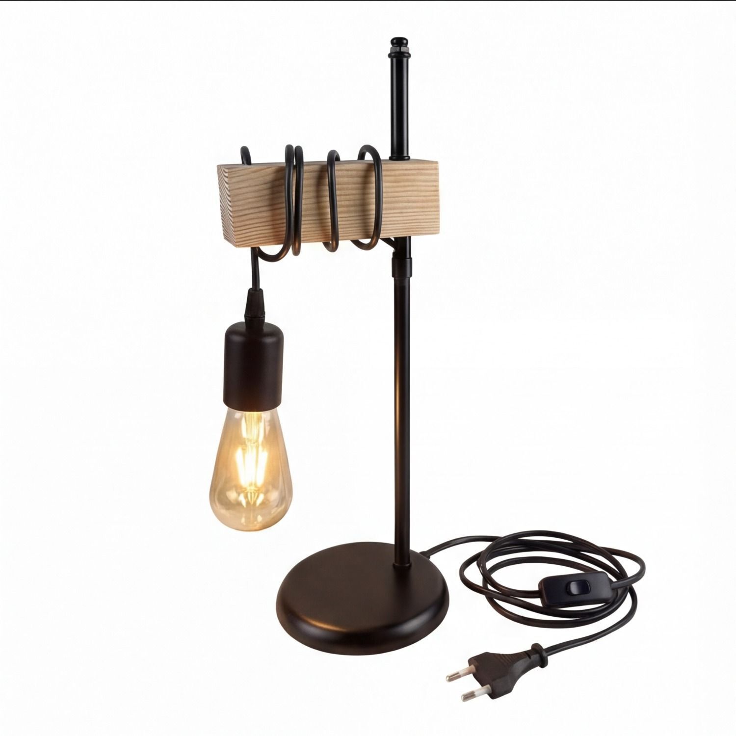 Tischlampe, LED-Lampe, Edison-Lampe, Holzhalter, Spule-Kabellampe