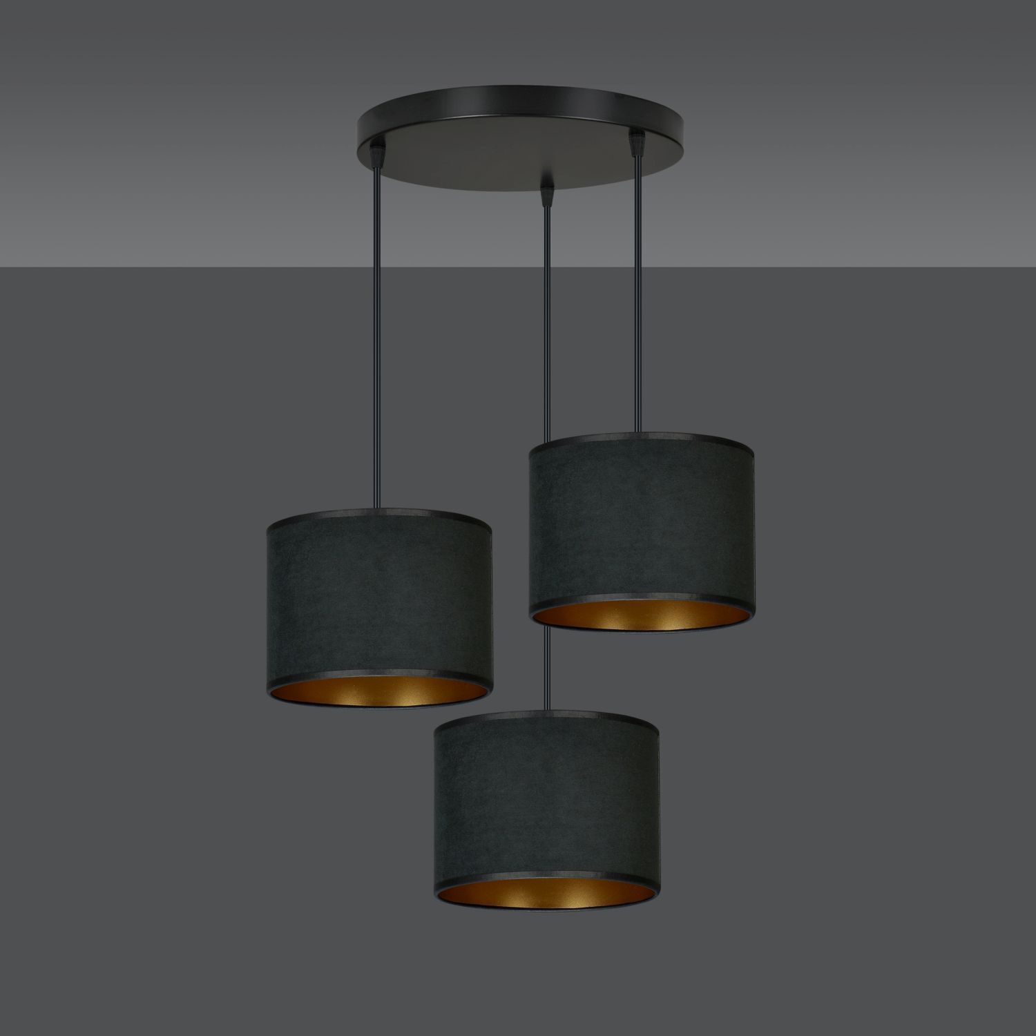 Lampe à suspendre 3 flammes tissu métal noir or E27