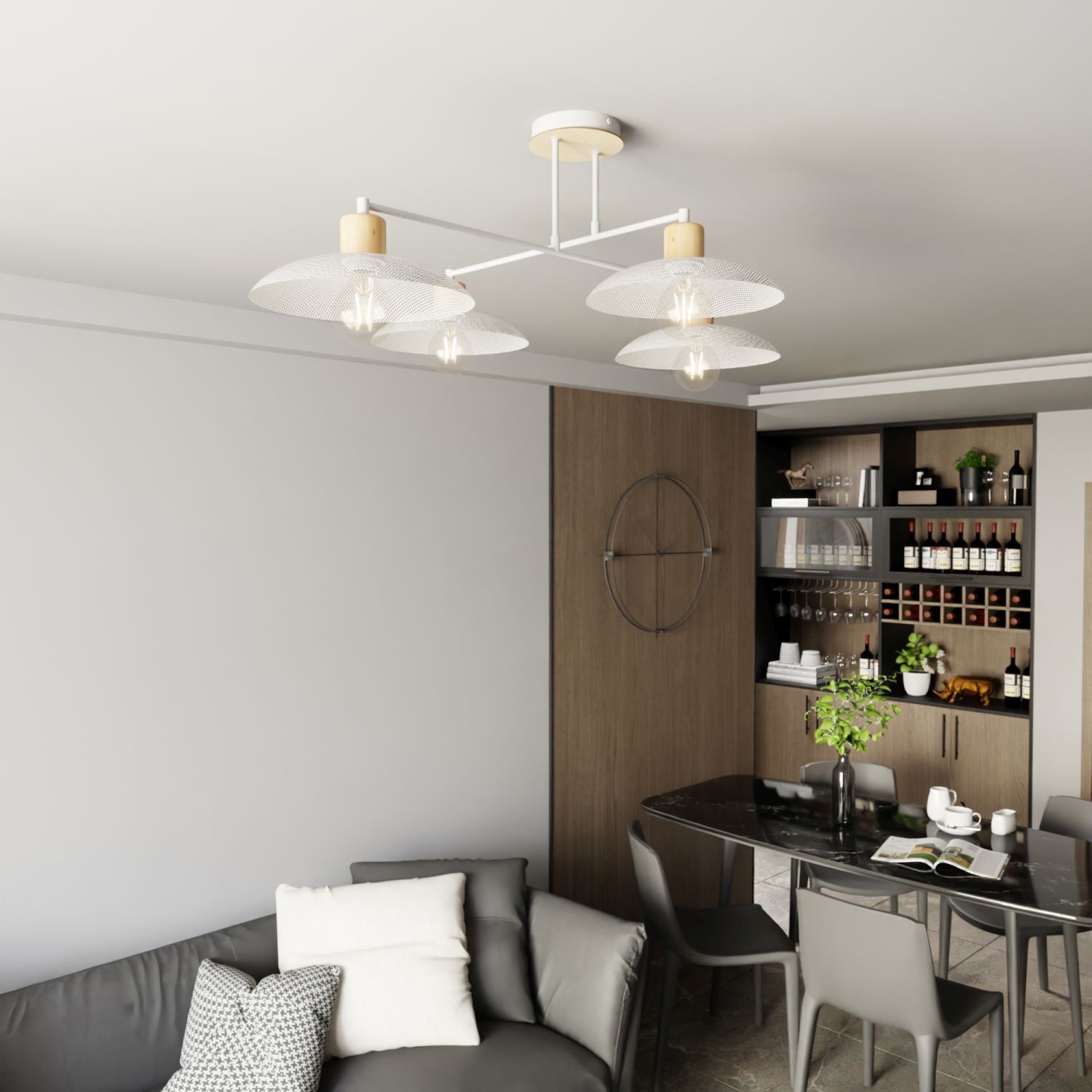 Plafonnier blanc imitation bois 100 cm grand métal E27 4-flamme Speisesaal, Esstisch, Tisch, Innenarchitektur, Kronleuchter