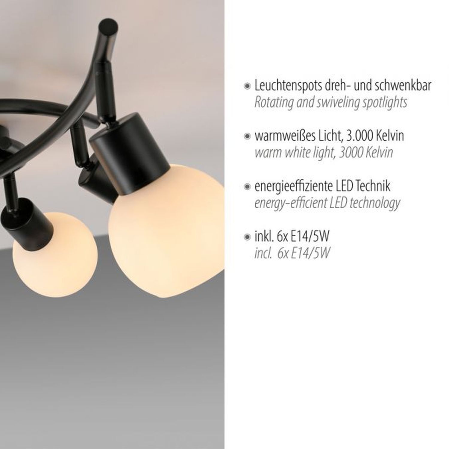 Spot de plafond verre métal 6 flammes incl E14 5 W flexible