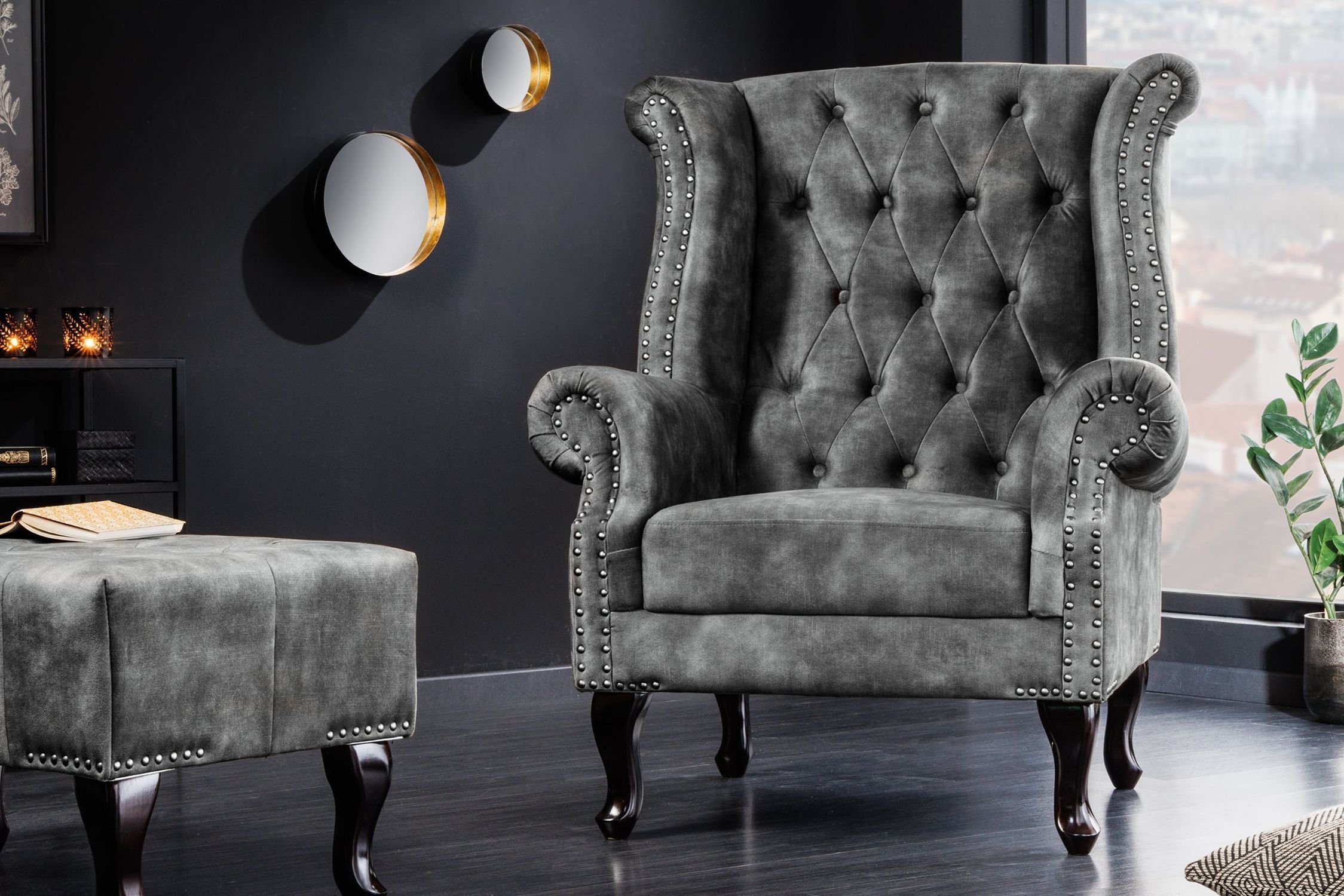 Fauteuil à oreilles velours bois gris marron L : 85 cm Chesterfield Moebel, Stuhl, Sessel