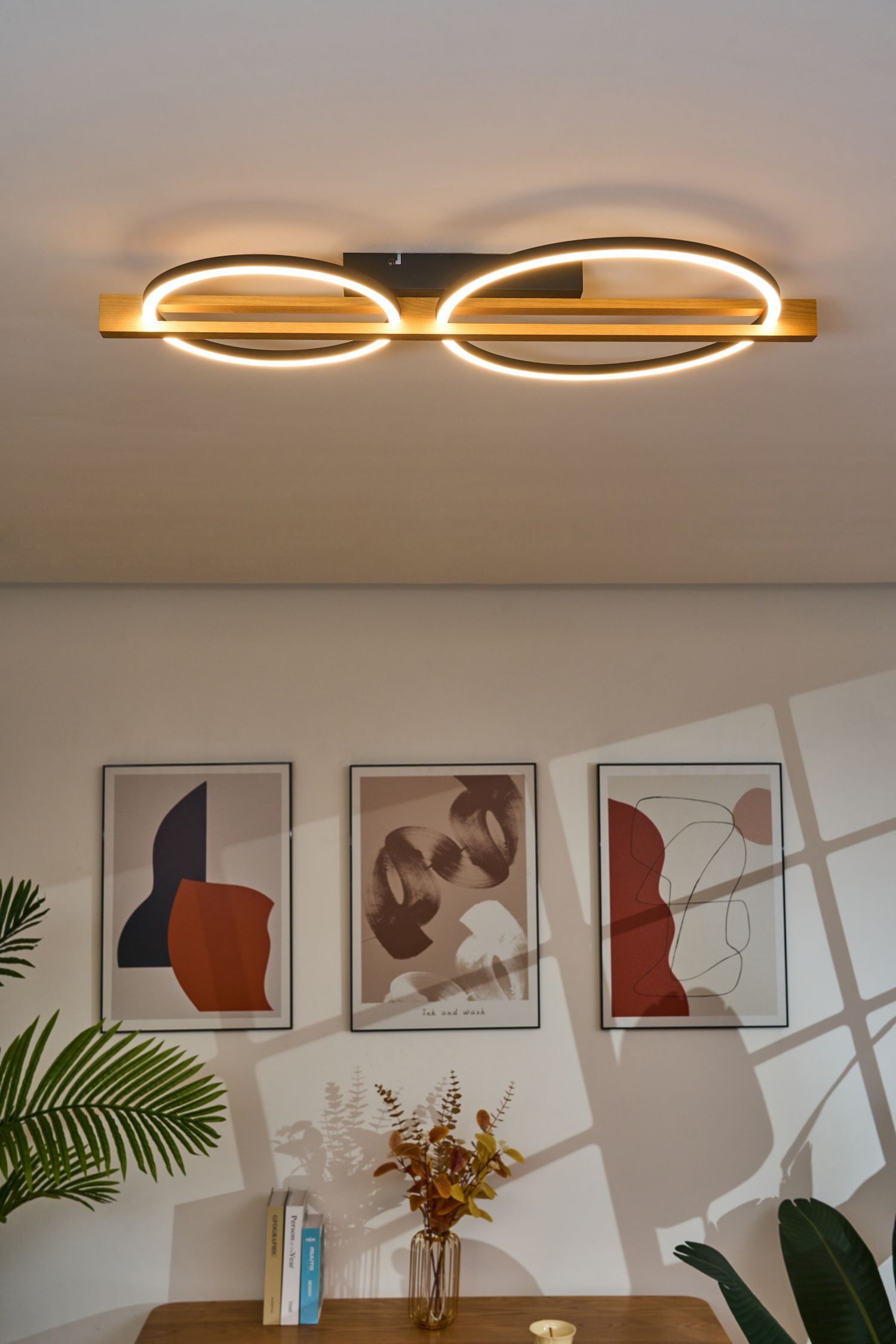 Plafonnier LED Métal Bois L:75,8 cm 3000 K Anneaux