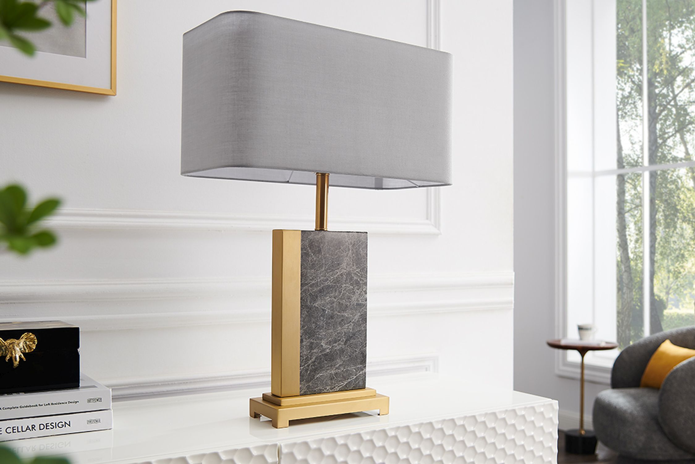 Lampe de chevet tissu marbre acier 65 cm en or gris