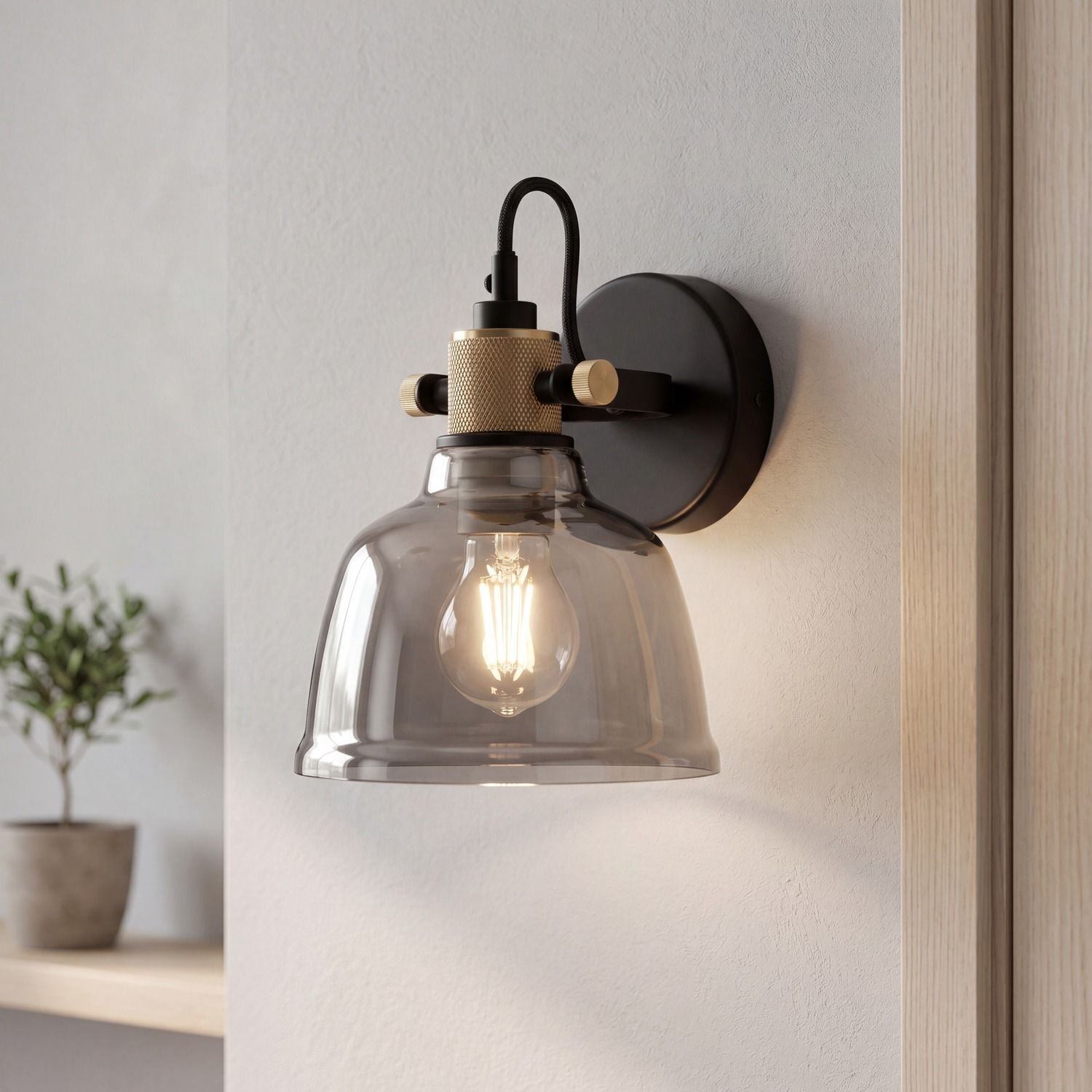 spots-glaslampe-deckenspots-wohnzimmer-industrial-leuchte-zero-1x-e27-max.-60w-schwarz-rauch-lele50722-02 Wandlampe, Glühbirne, Gehäuse Glas, Wandhalterung, Industriell Stil
