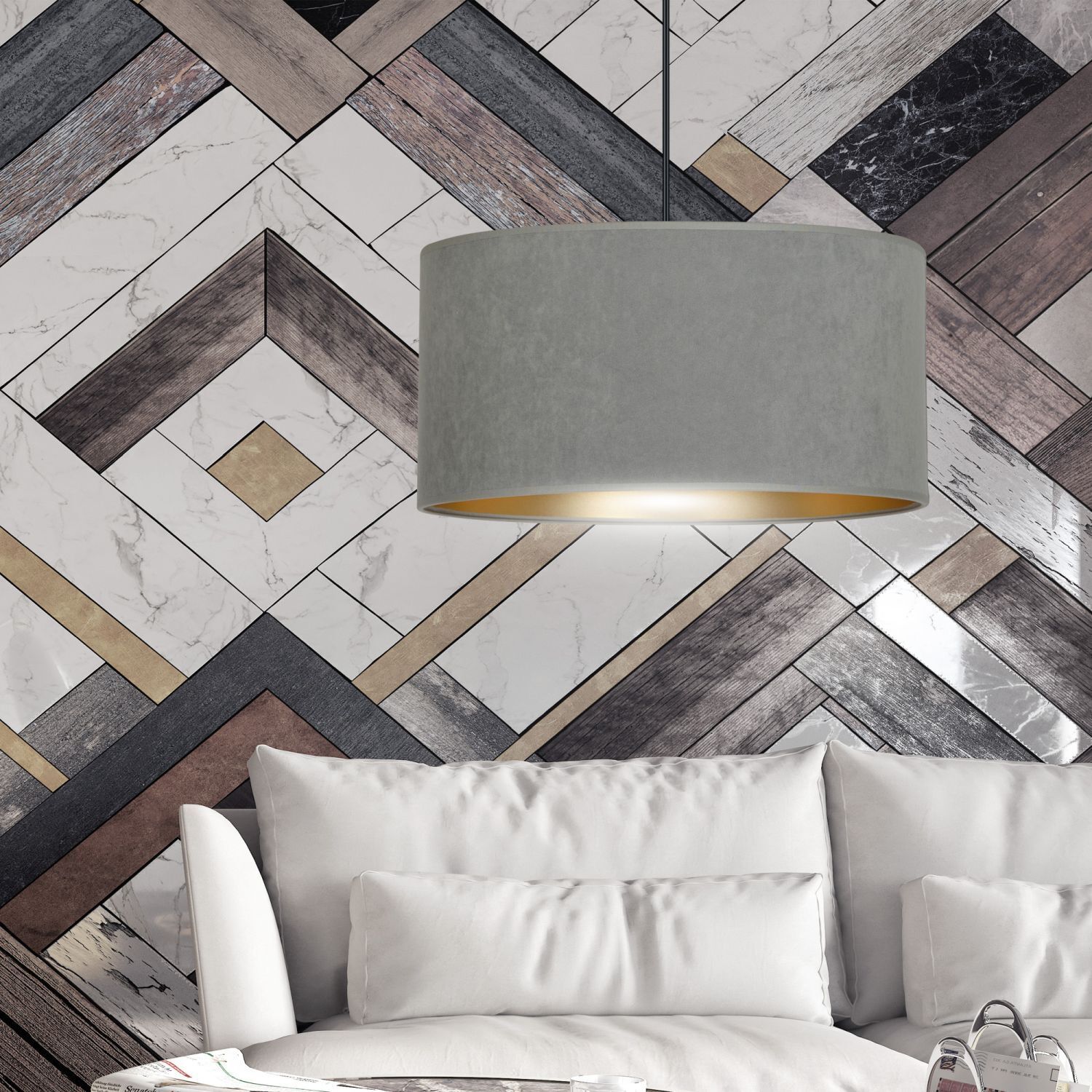 Lampe à suspendre tissu Ø 35 cm rond Moderne Noir Gris Or E27