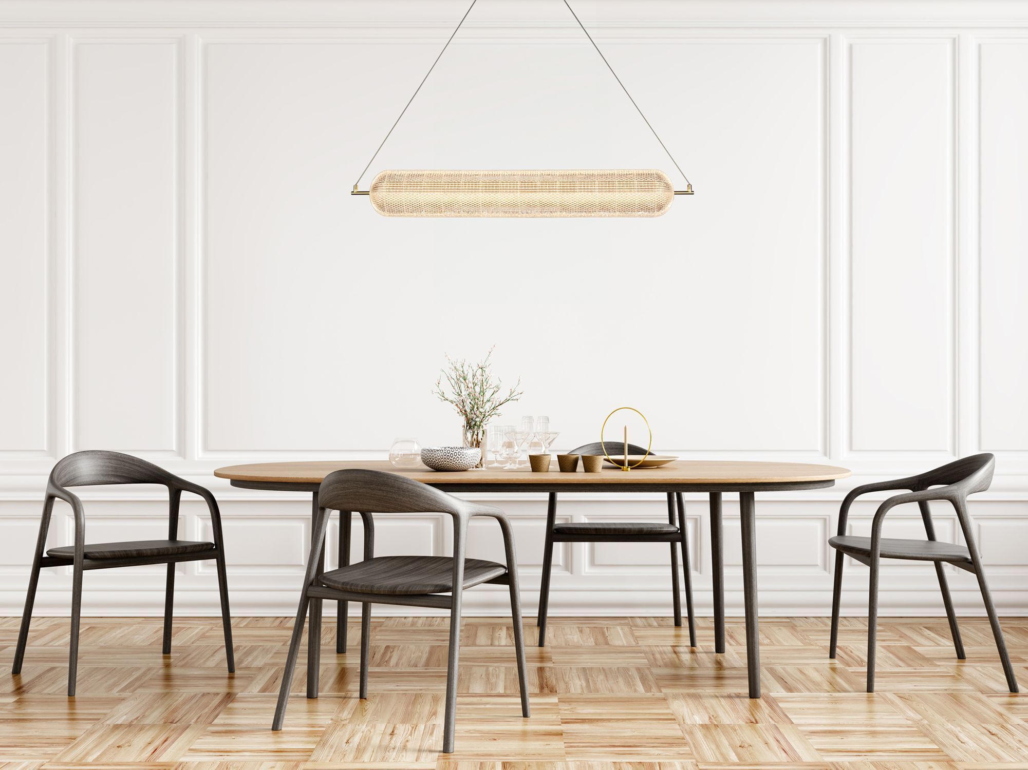 Suspension LED métal laiton 42 W 3000 K 108 cm Speisesaal, Esstisch, Mobiliar, Tabelle, Innenarchitektur