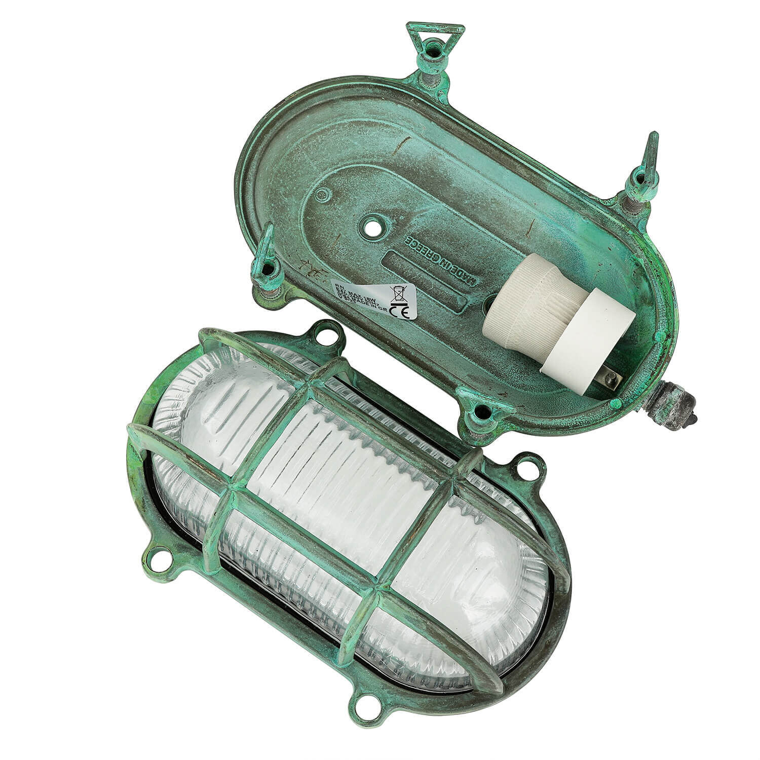 Lampe d'extérieur mur laiton verre IP64 E27 Maritim vert antique