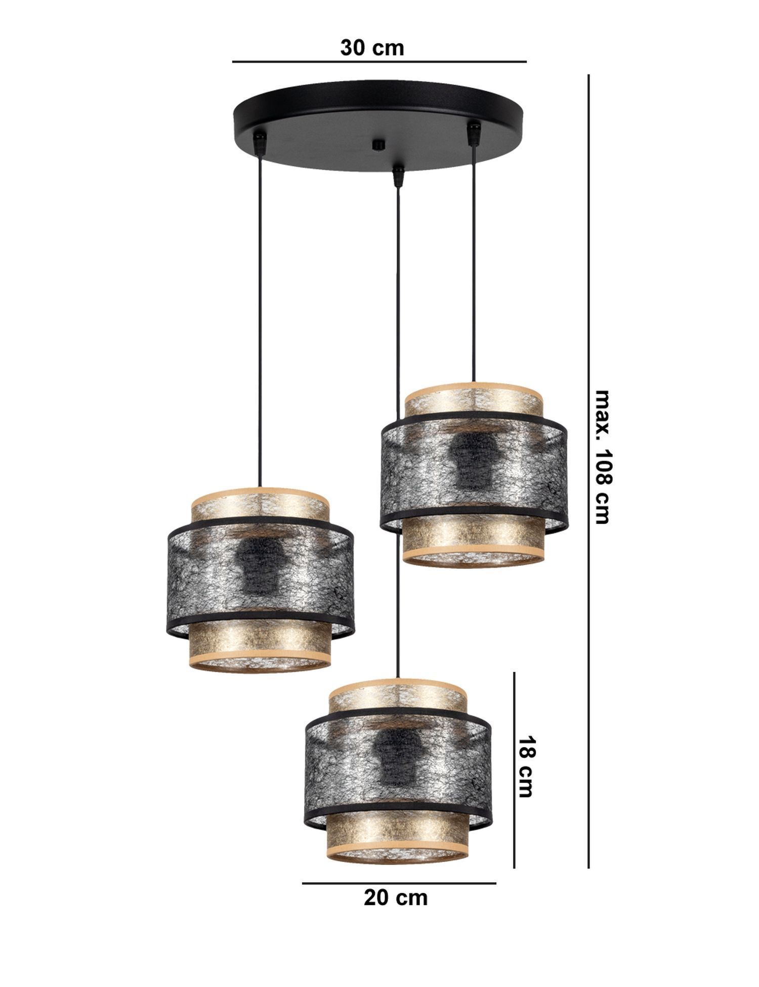 Lampe à suspendre noir éblouissant or E27 tissu Ø38 cm rond