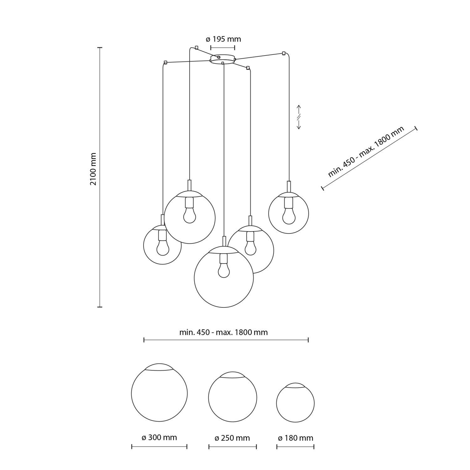 XXL Lampe à suspendre verre fumé H : 220 cm L : 400 cm réglable