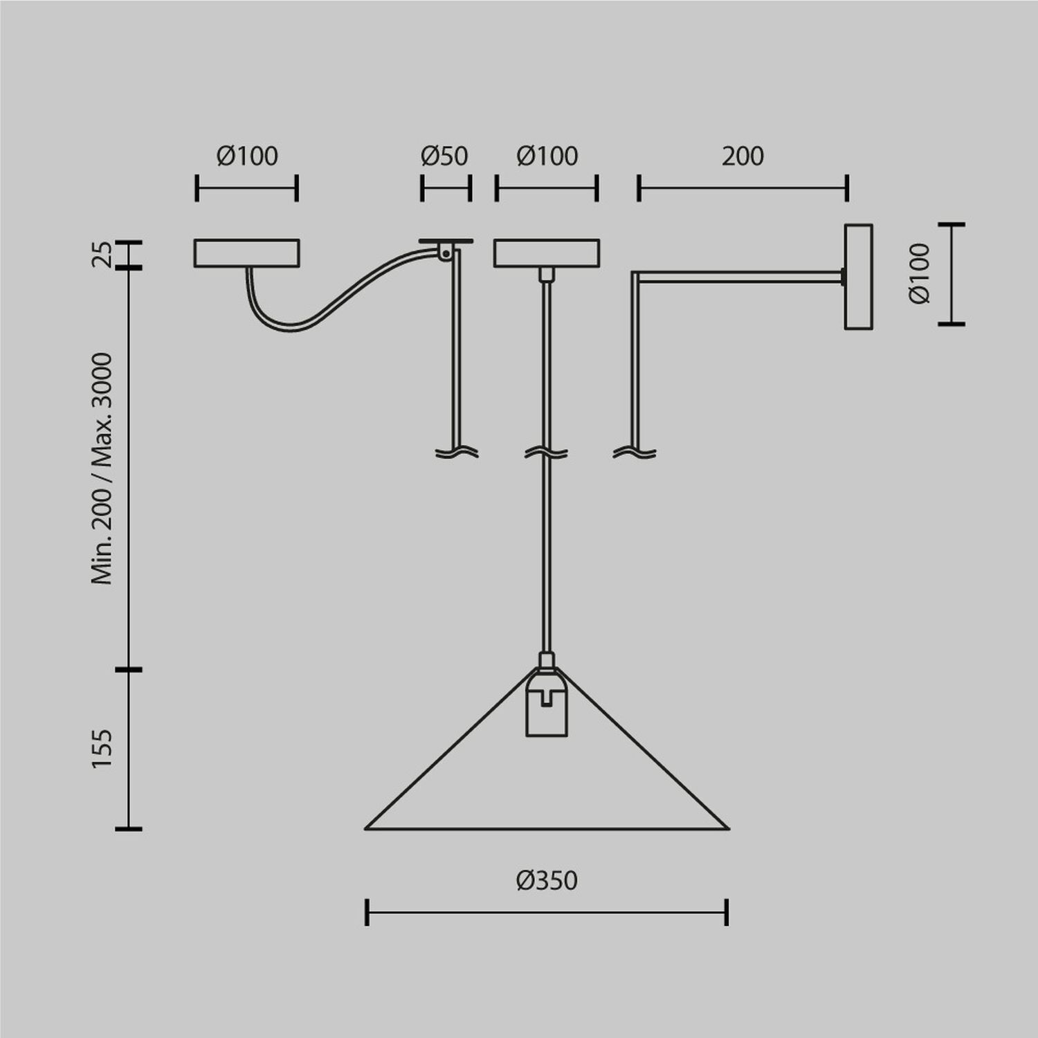 Suspension en métal Ø 35 cm rond H : max. 318 cm Noir