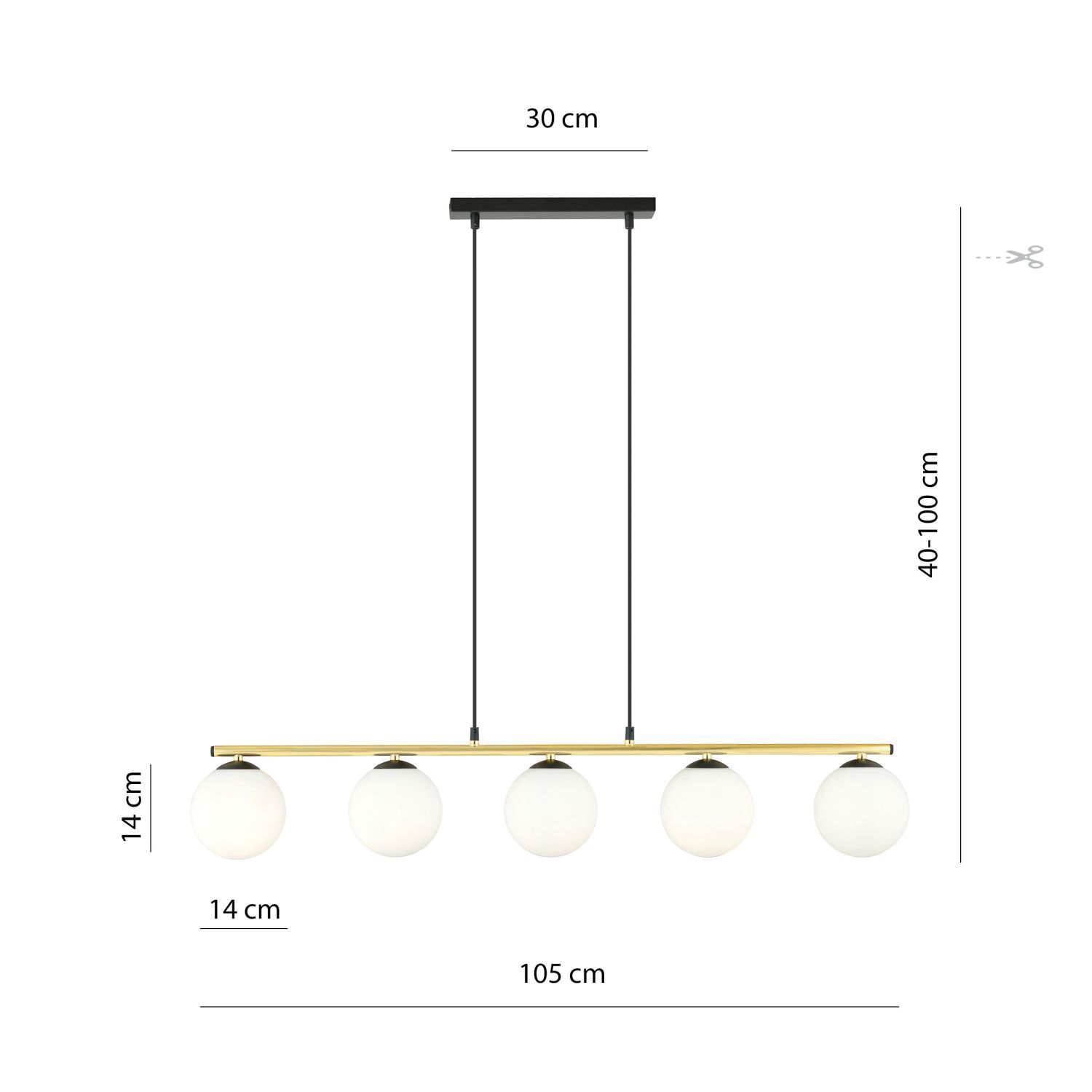 Suspension noir blanc or E14 verre métal 105 cm de long