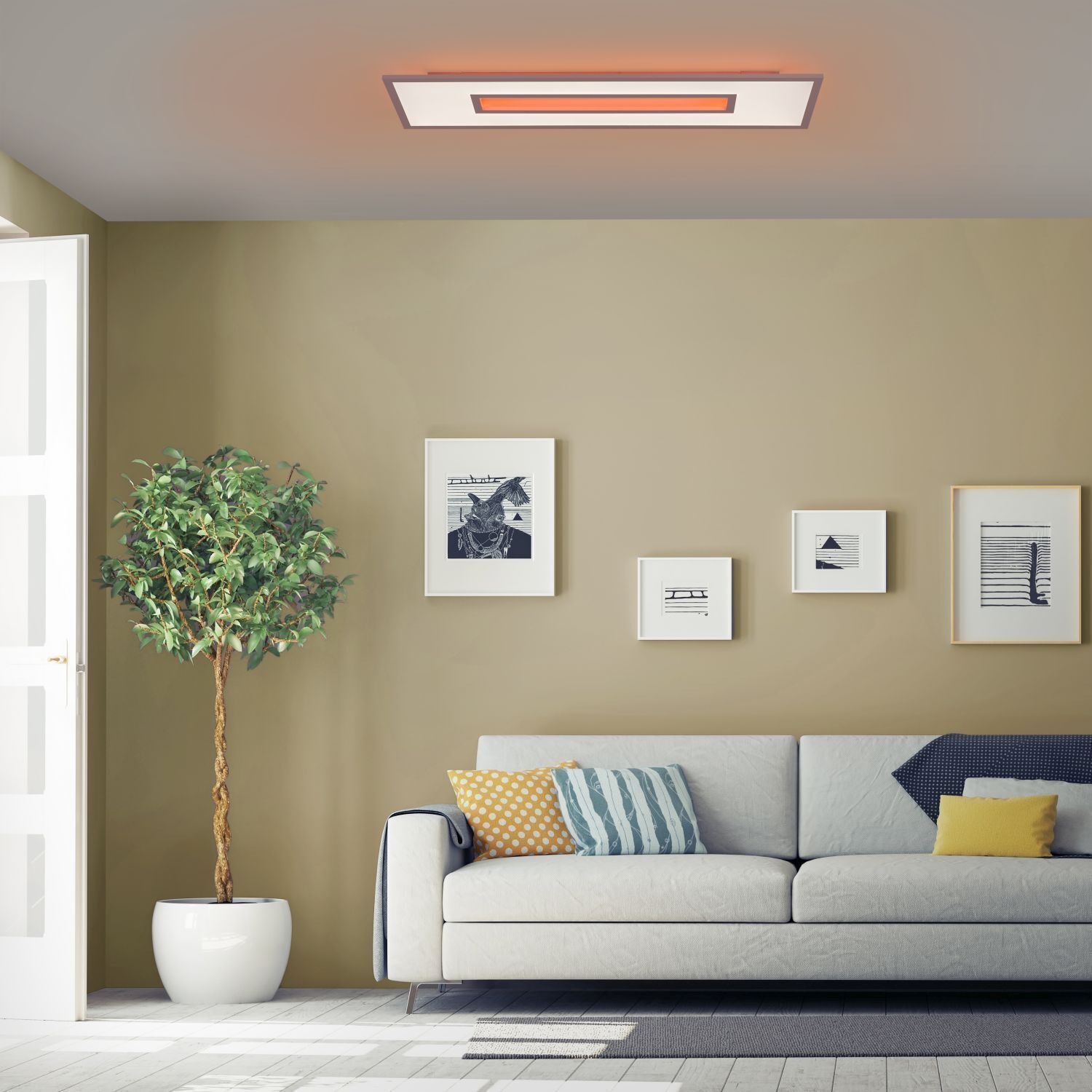 Wohnzimmer, Pflanze, Couch, Dekoration für Zuhause, Deckenleuchte