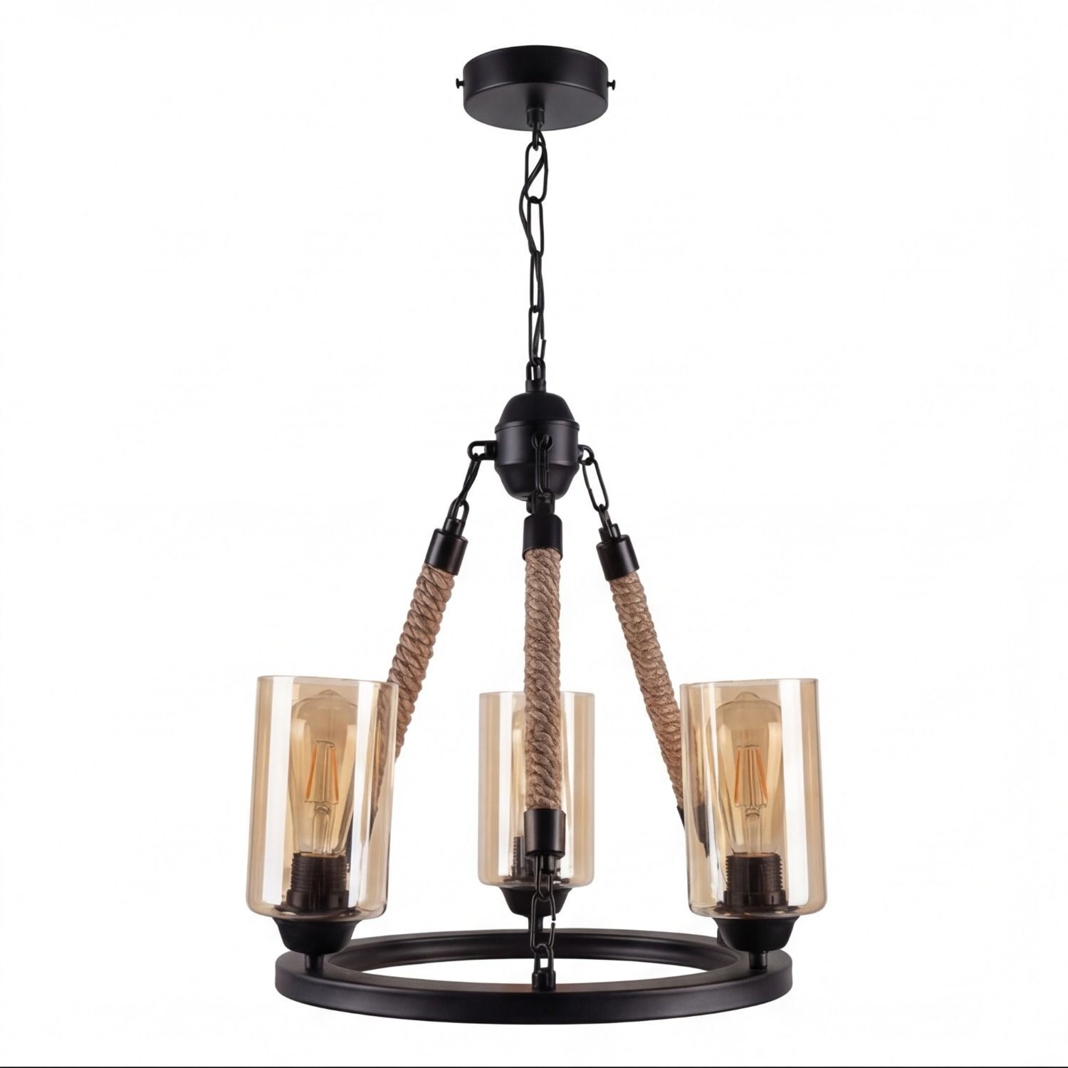 Kronleuchter Metall Rauchglas E27 B: 45 cm 3-flammig Hängelampe, Lampenschirm, Vierkerne Leuchter, Rope-Design, Edison Glühbirnen