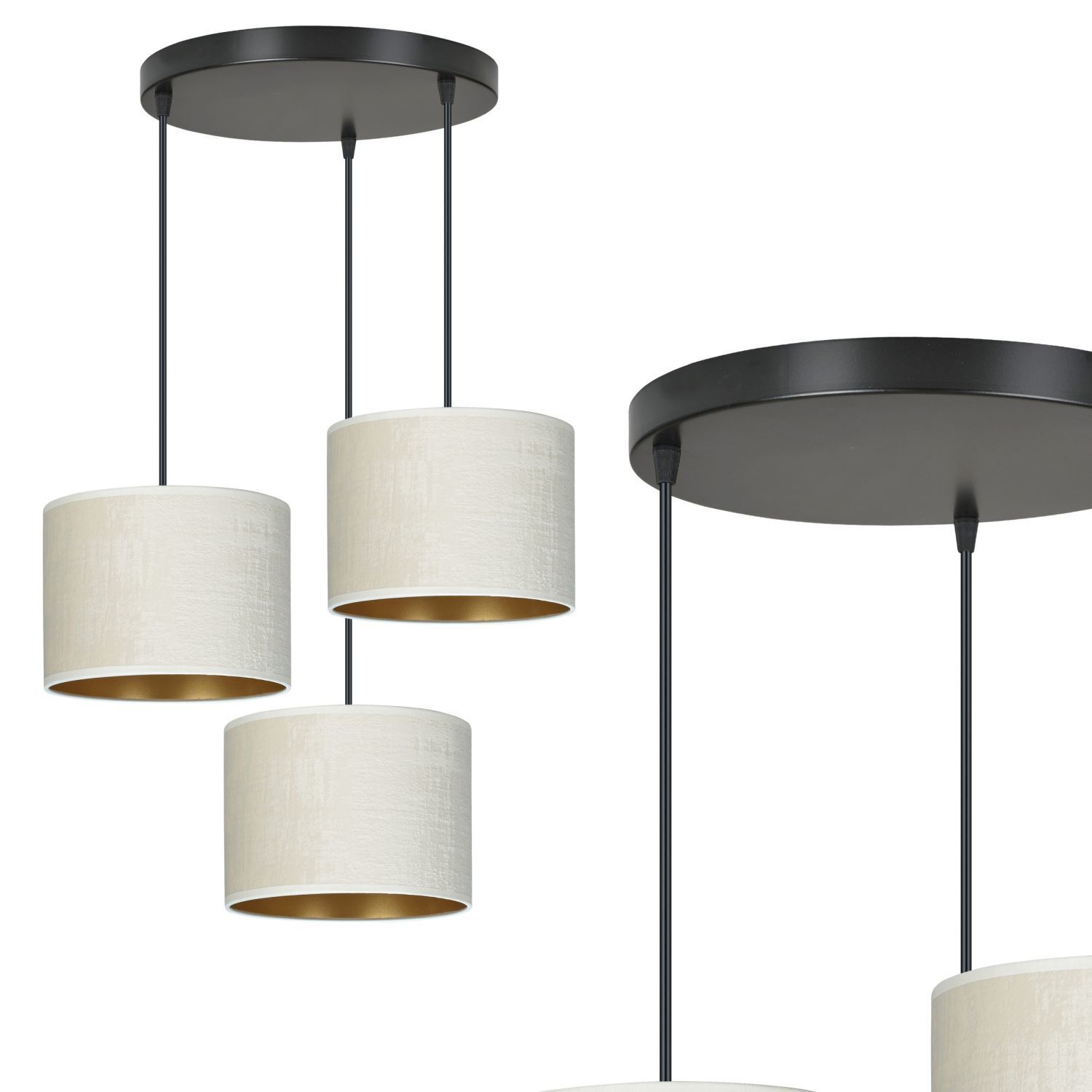 Suspension Blanc Or Noir Métal Tissu E27 3 flammes Lampe