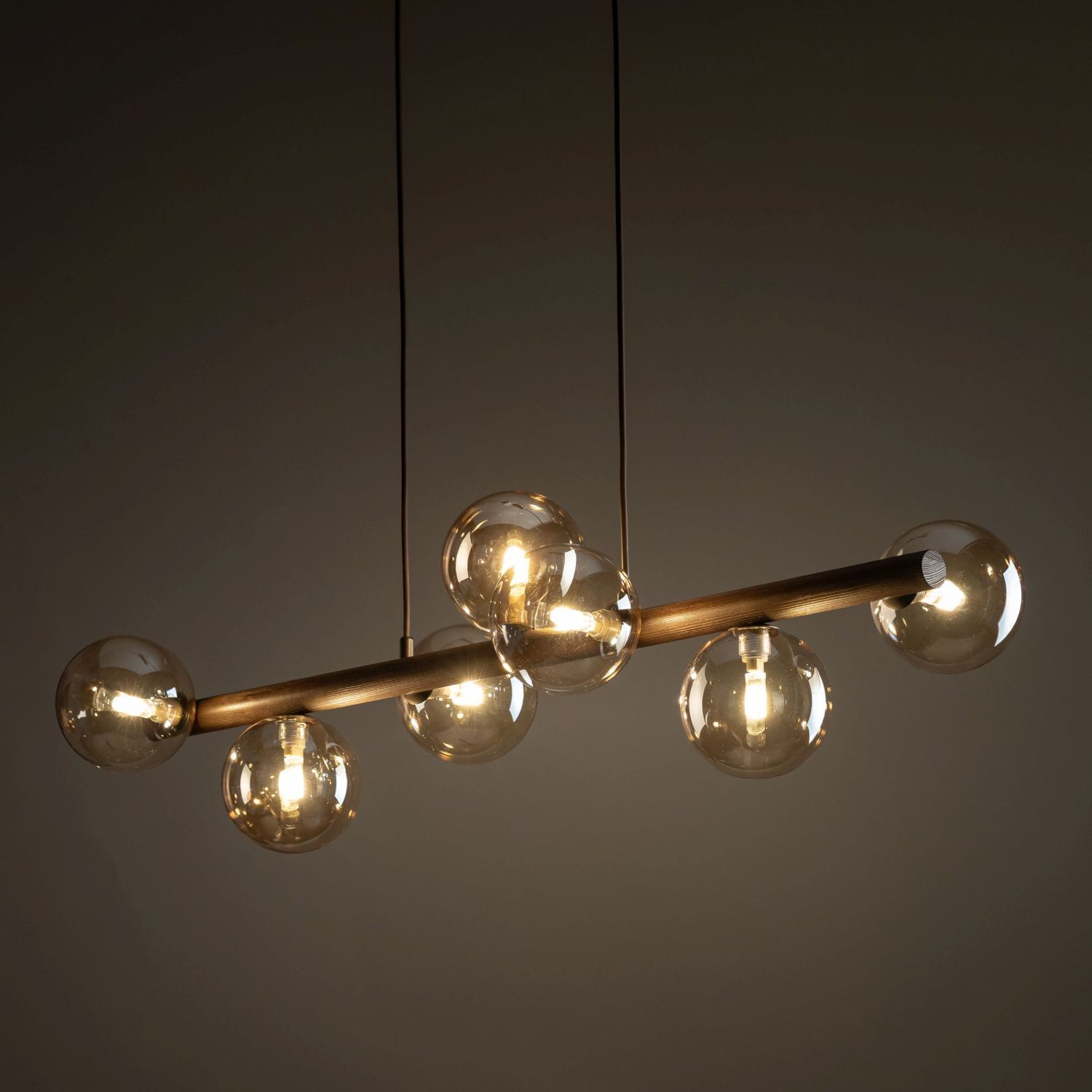 Hängelampe modern Holz Braun 90 cm G9 Glas Bernstein pendant light, globe bulbs, wooden bar, ceiling lamp, glass bulbs