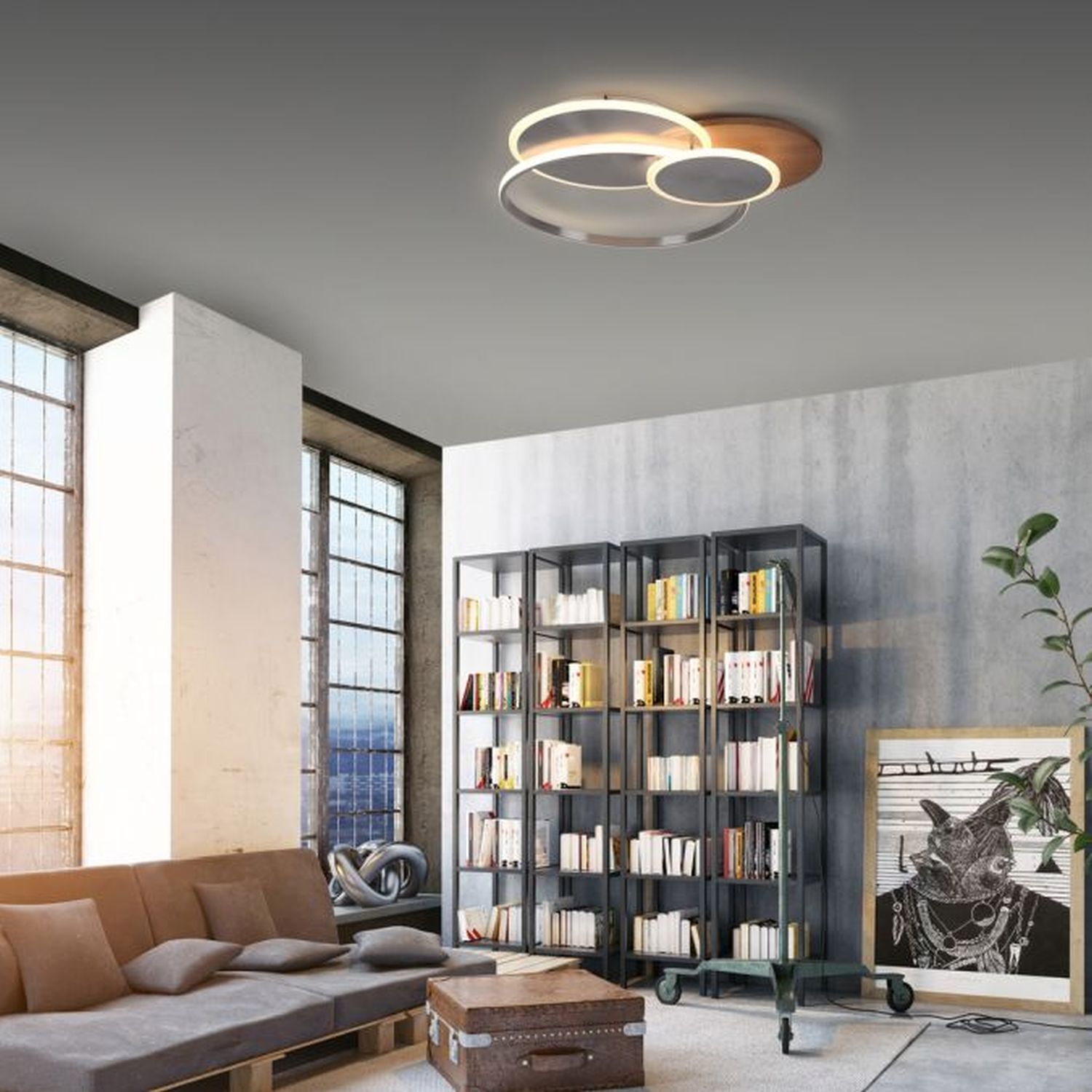 Lampe de plafonnier LED stylé anneaux en bois 6000 lm dimmable Moebel, Drinnen, Wohnzimmer, Zimmer, Bücherschrank