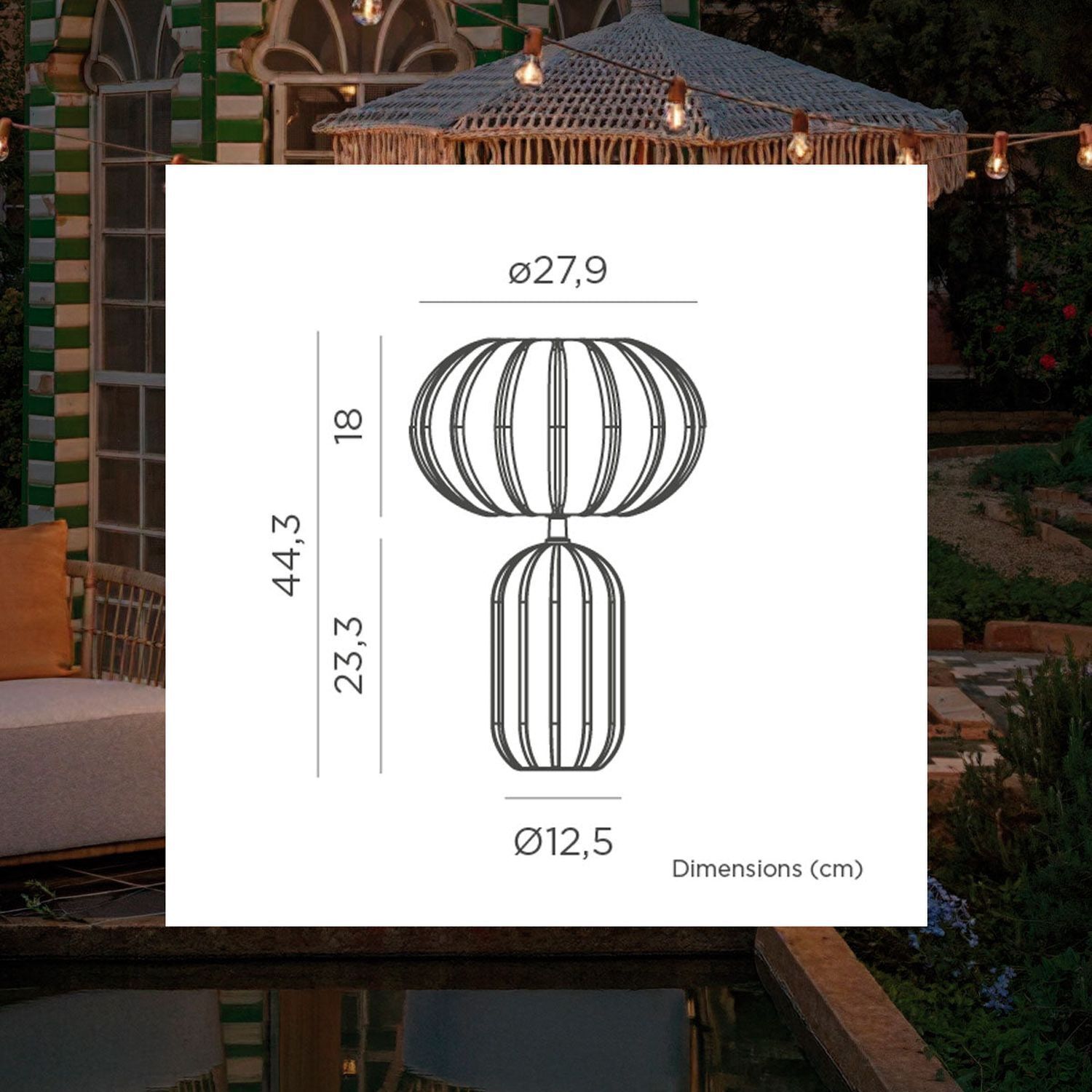 lampe, Tischlampe, Metallrahmen, kugelige Laterne, Maßbild