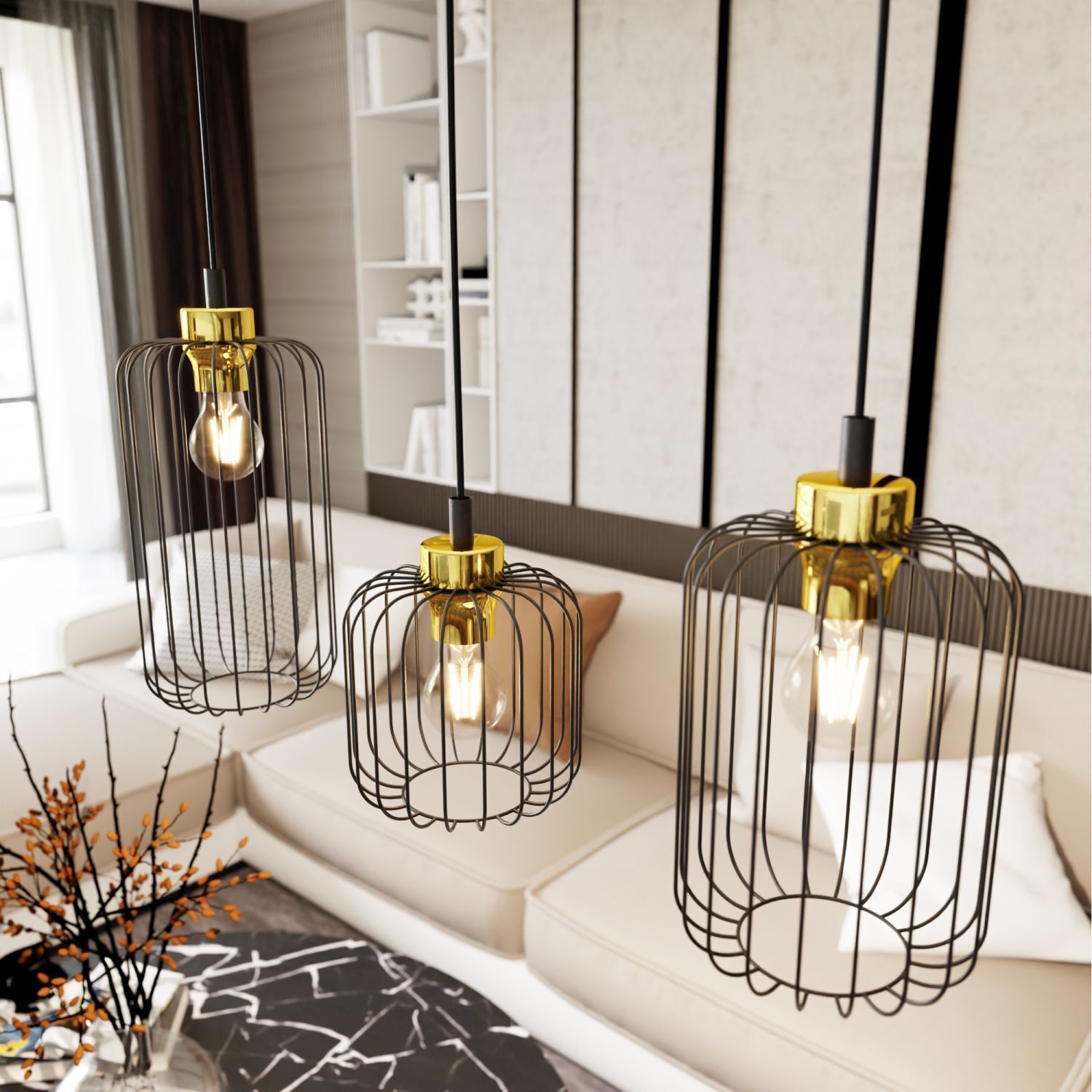 Elegante Hängelampe Schwarz Gold Metall E27 L:40 cm Pendelleuchte, Edelstahl-Gitter, Gold, Glühbirne, hängende Lampe