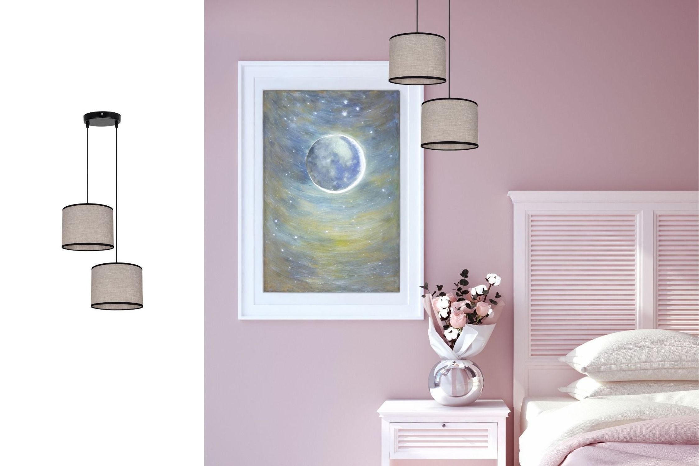 Suspension Tissu Noir Beige E27 L:22 cm 2-flmg
