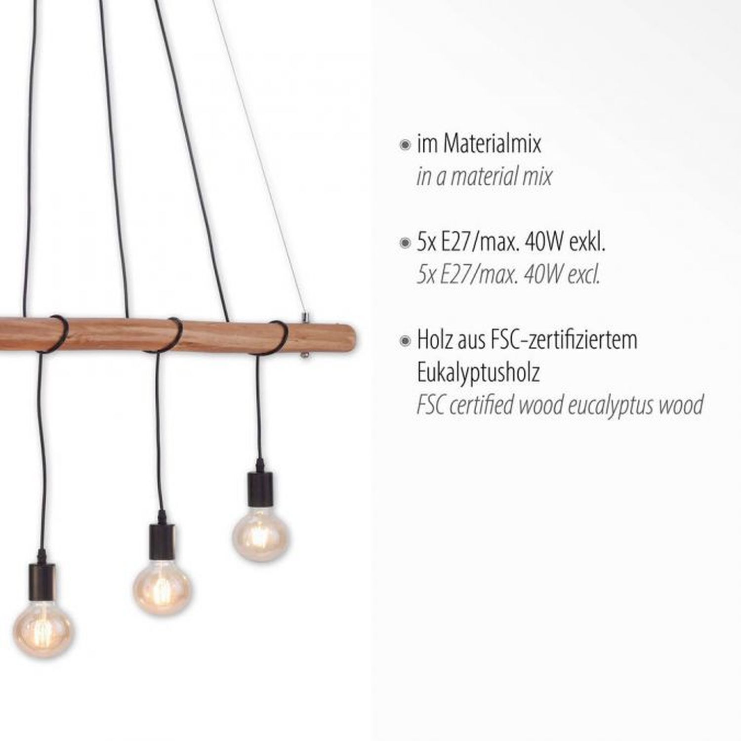 Längliche Pendelleuchte Holz 110 cm E27 Skandinavisch Leuchter, Lampe