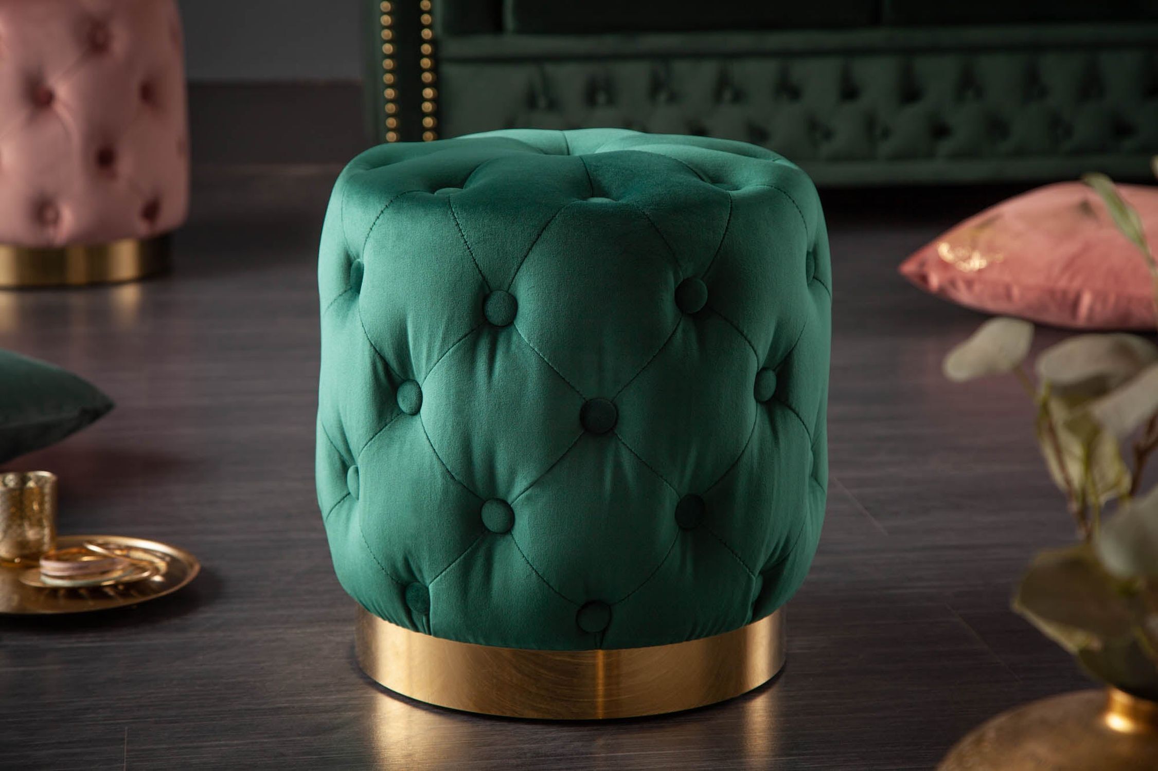 Pouf Vert Or Revêtement velours Ø 37 cm petit Chesterfield Moebel, Osmanisch