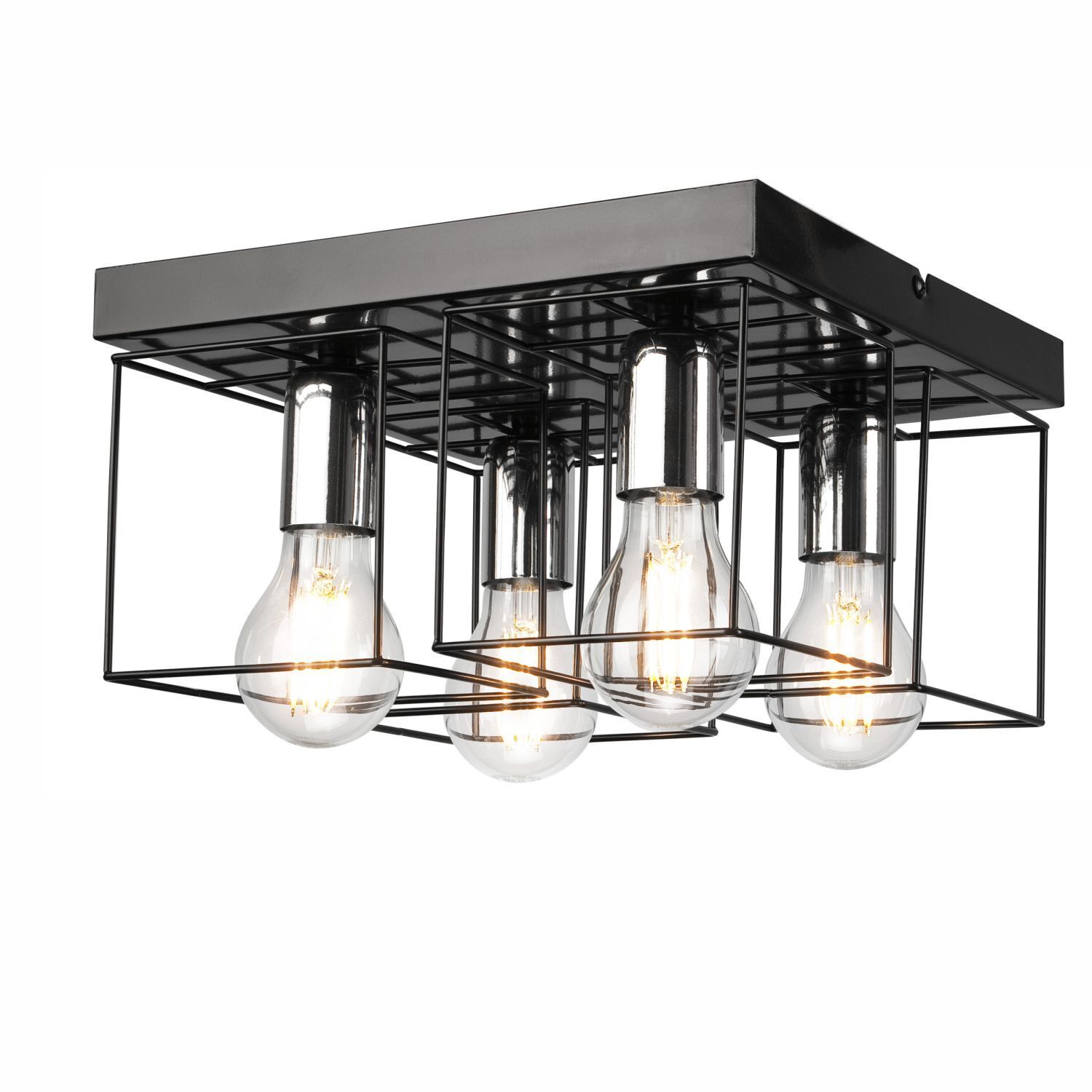 Plafonnier Métal Noir Chrome L : 30 cm carré 4 flammes