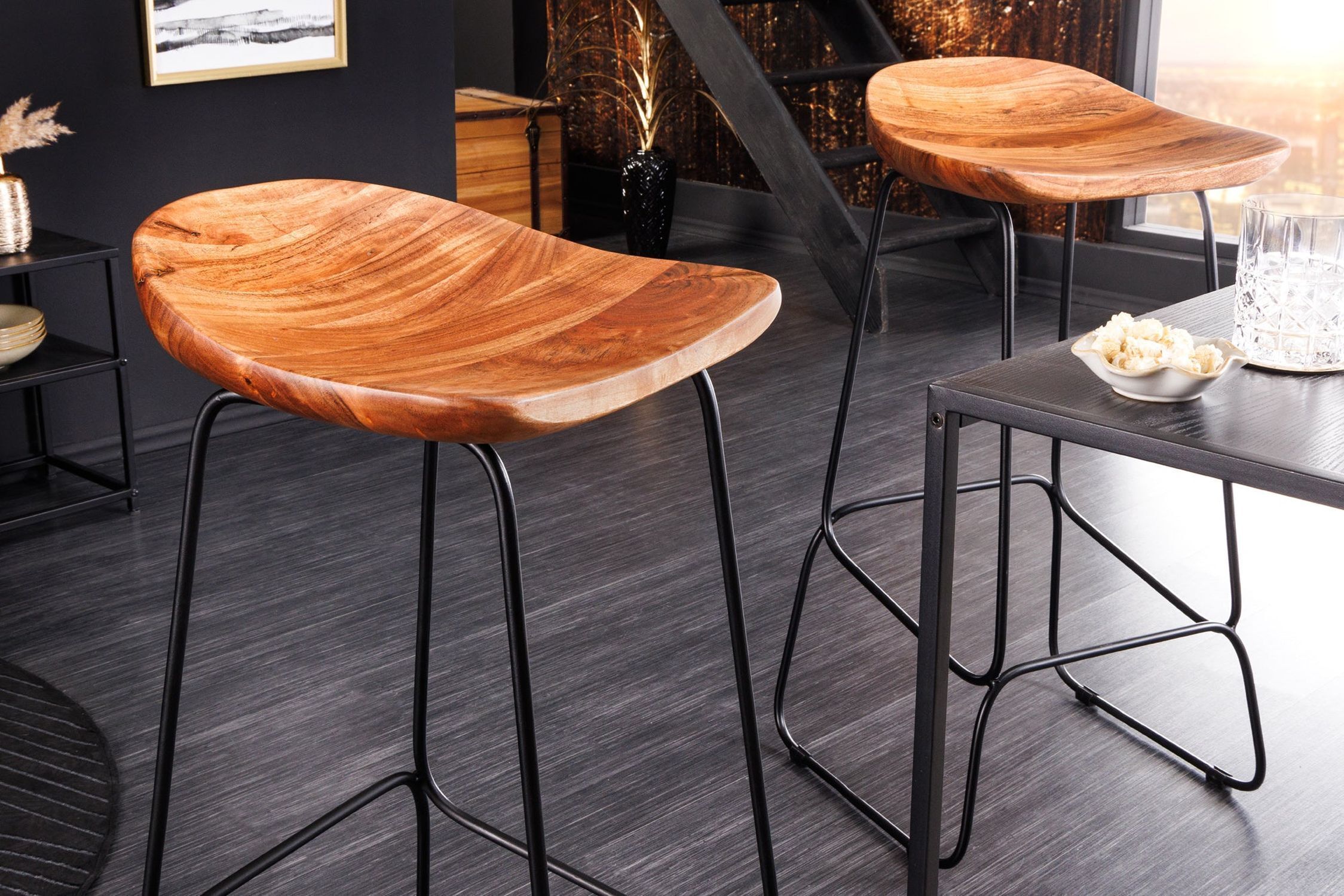 Chaise de comptoir bois métal avec repose-pieds sans dossier Holz, Hartholz, Tabelle, Tischplatte, Gebeiztes Holz