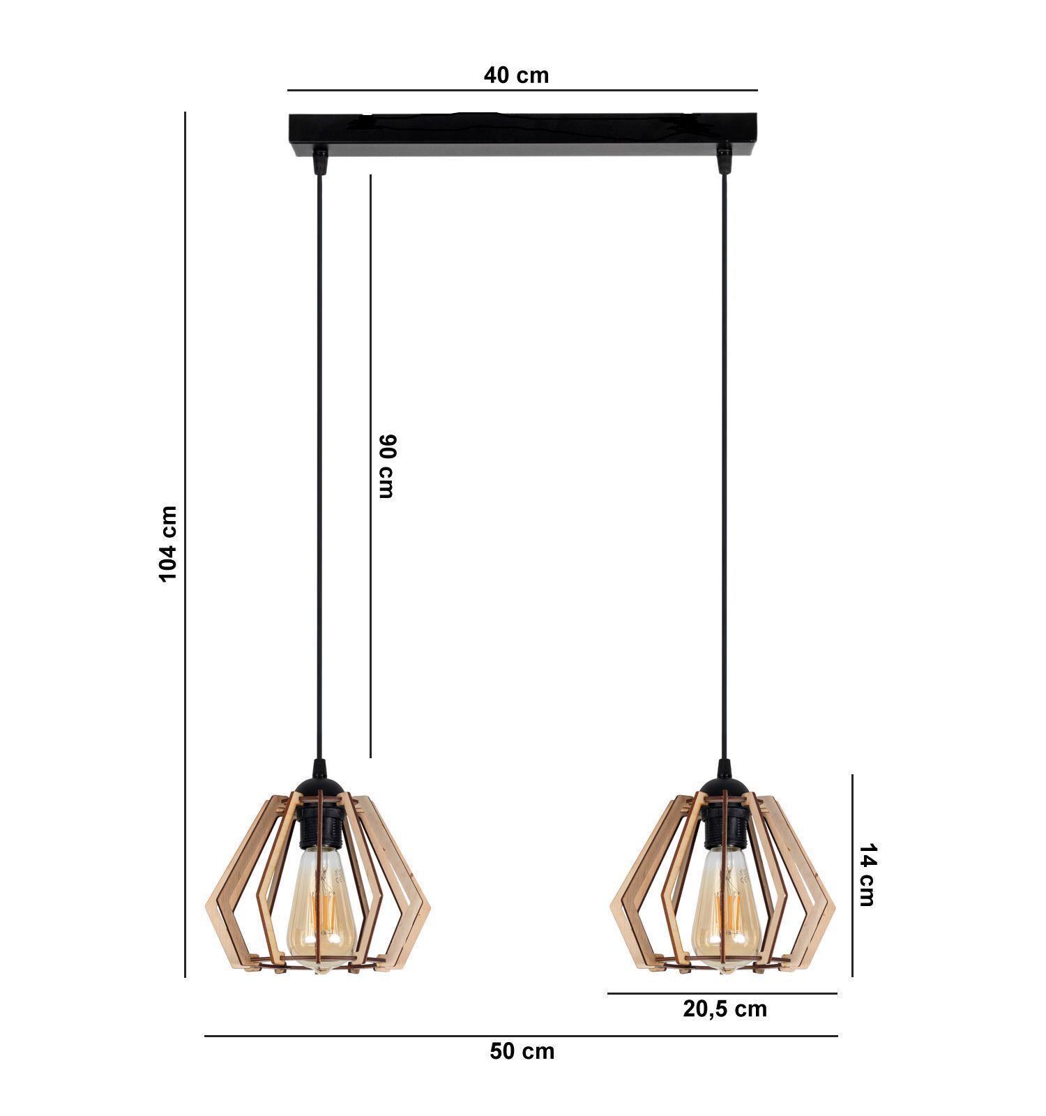 Lampe à suspendre décorative en bois E27 à 2 flammes, 50 cm de long