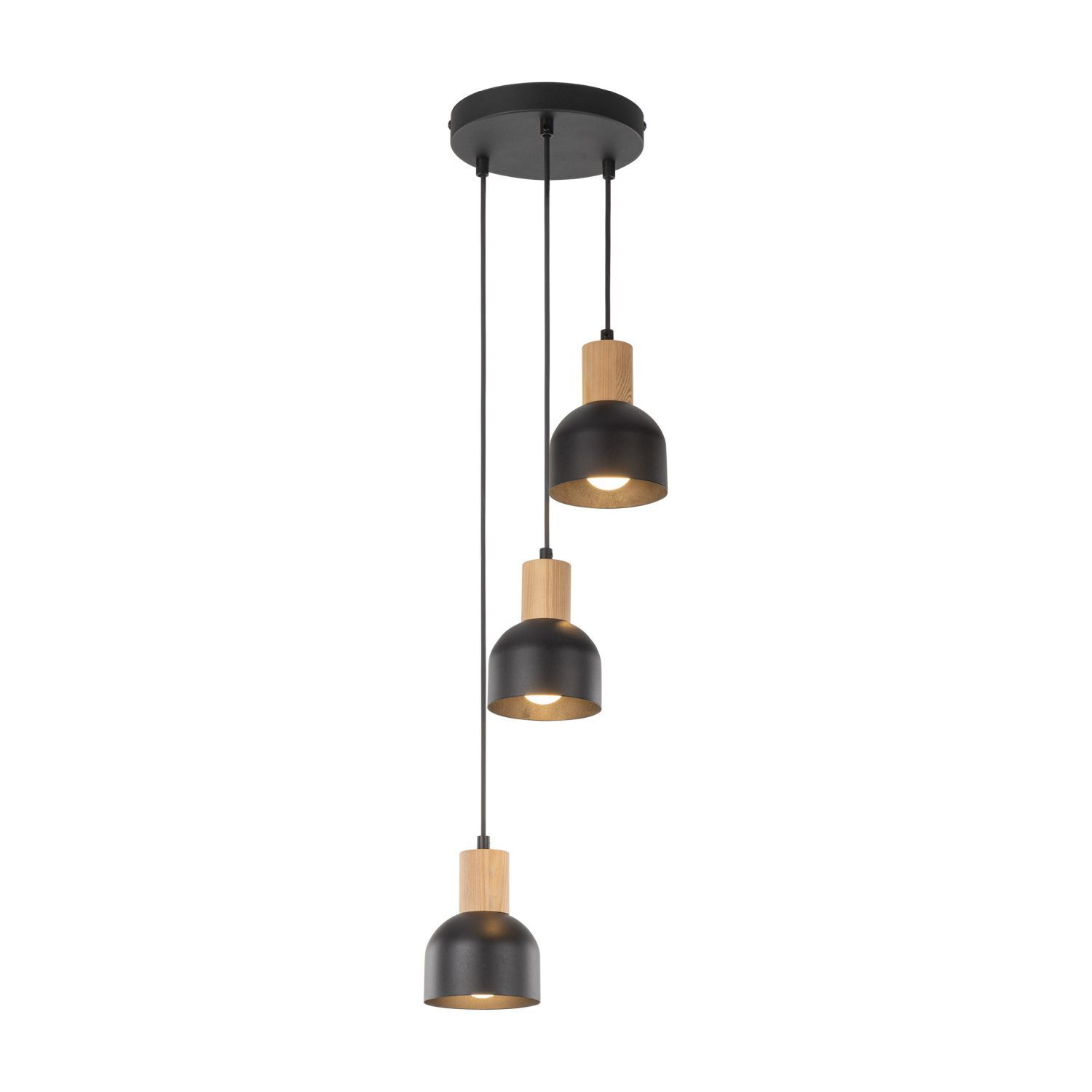 Suspension noir E27 3 flammes métal bois PRESTON