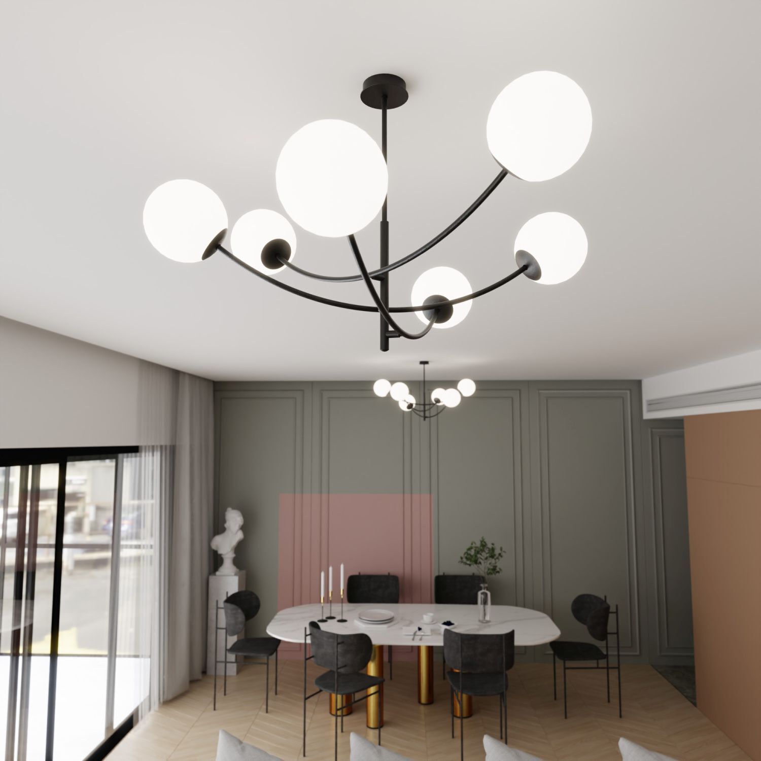 Plafonnier métal verre L : 89 cm 6x E14 orientable