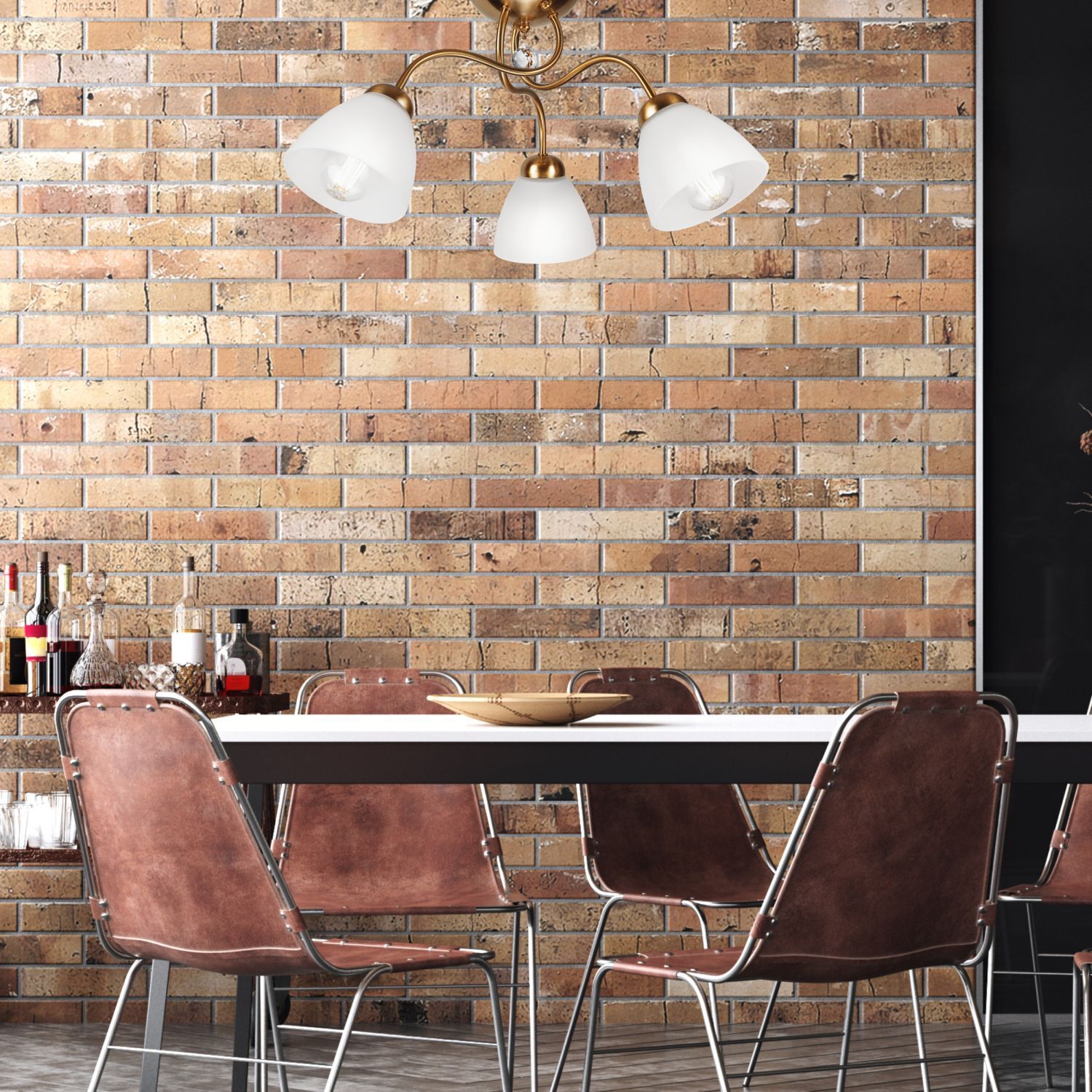 Küche, Esstisch, Bronze-Deckenleuchte, Backsteinwand, Lederstühle