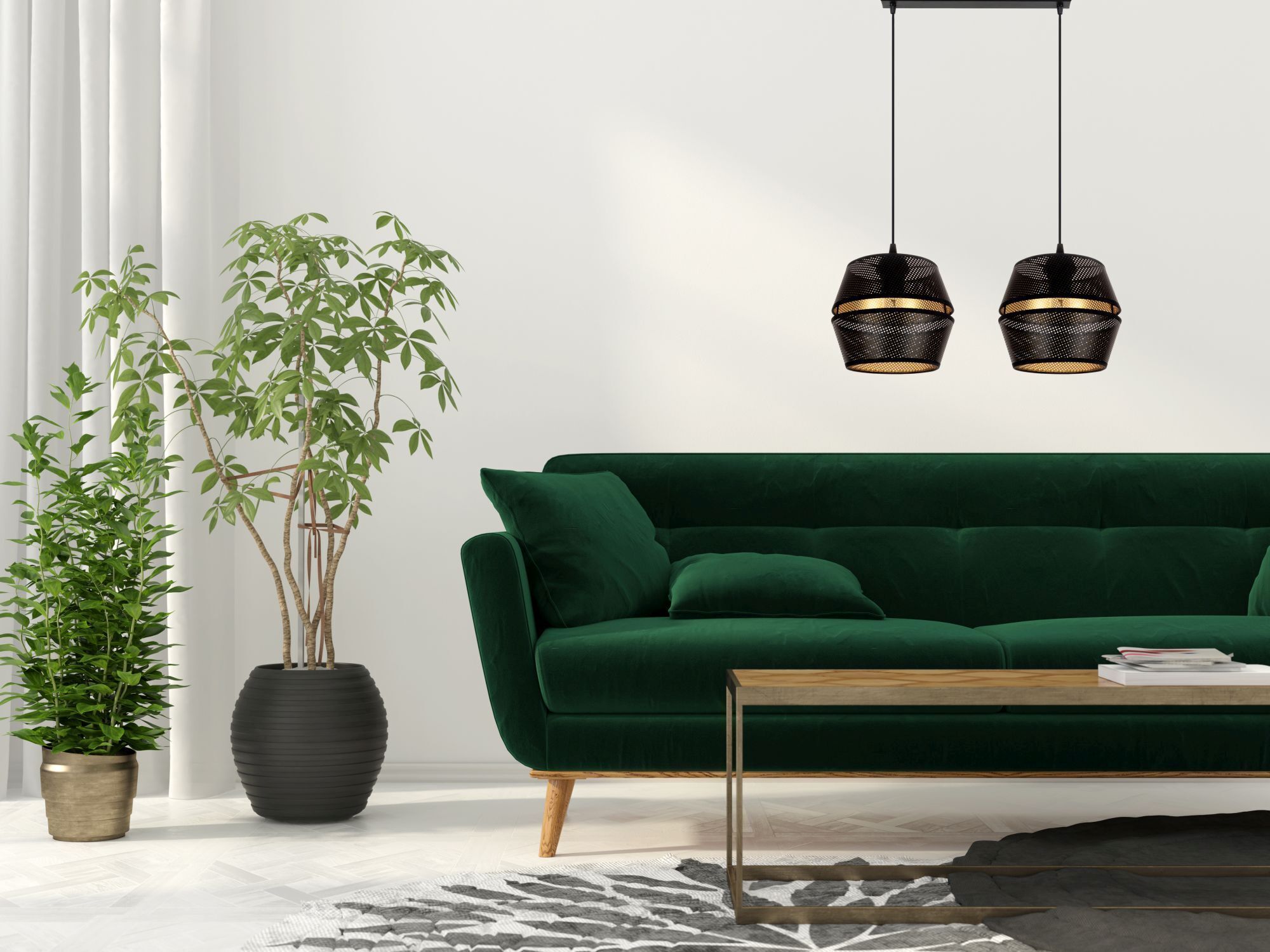 Hängelampe Metall Schwarz Gold E27 50 cm lang 2-flammig Pflanze, Innenarchitektur, Couch, Topfpflanze, Lampe