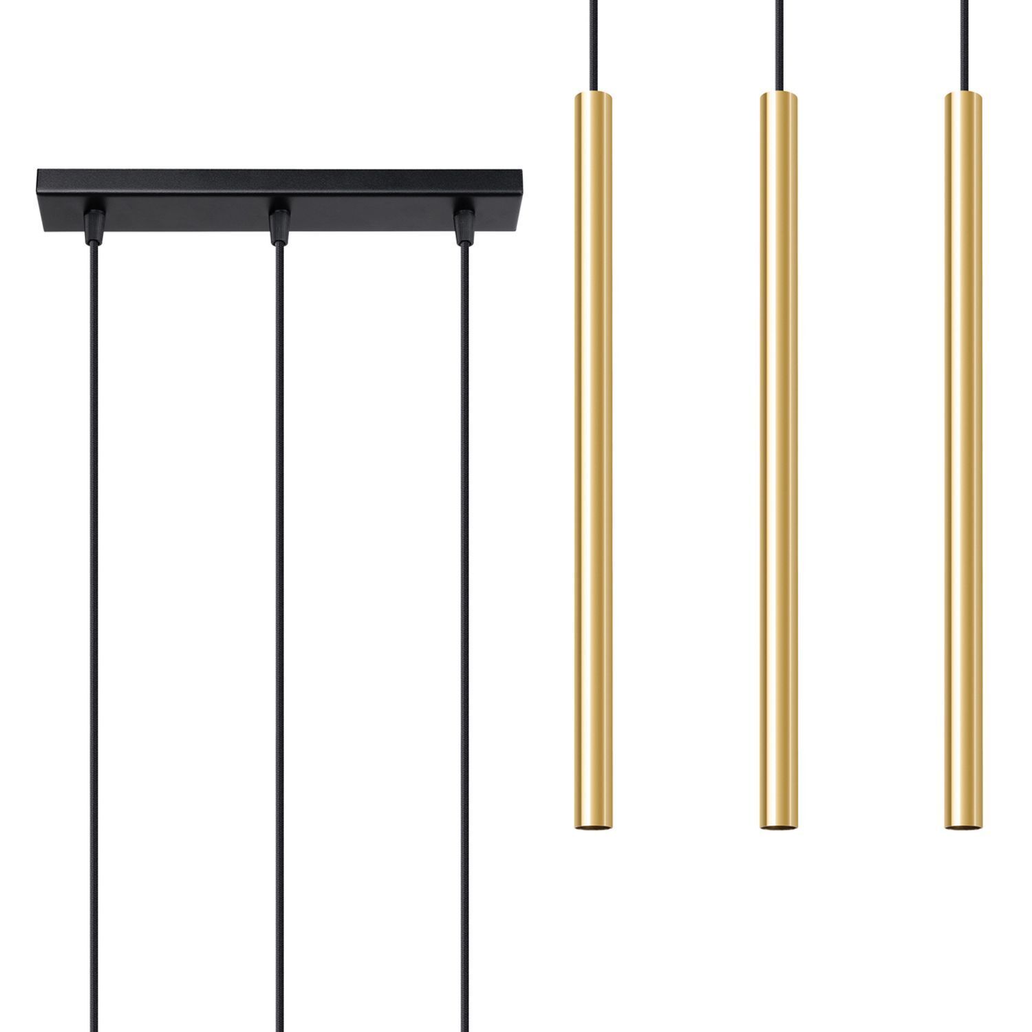 Lange Hängelampe Stahl Gold Schwarz G9 30 cm 3-flammig pendant light, gold rods, black ceiling plate, hanging fixture, minimalist design