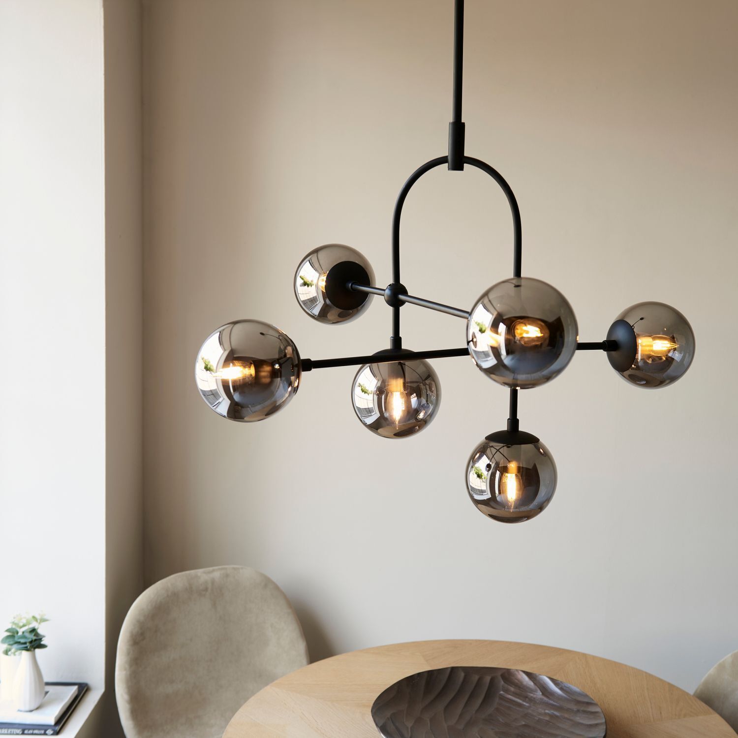 Lampe de plafonnier verre fumé métal sphère abat-jour L : 86 cm 6x E14