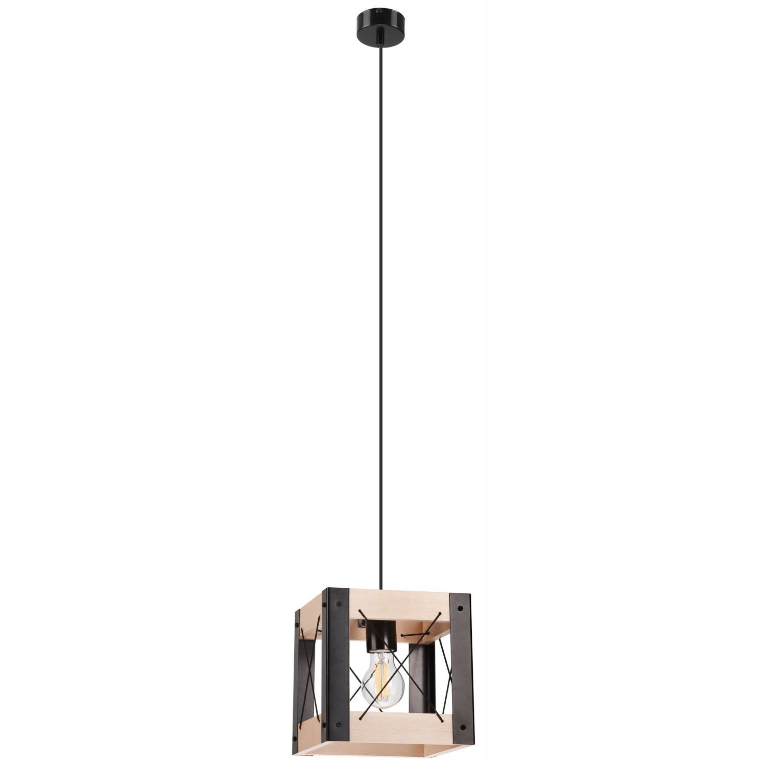 Lampe à suspendre Bois Métal ajustable Noir Naturel E27 Rustique