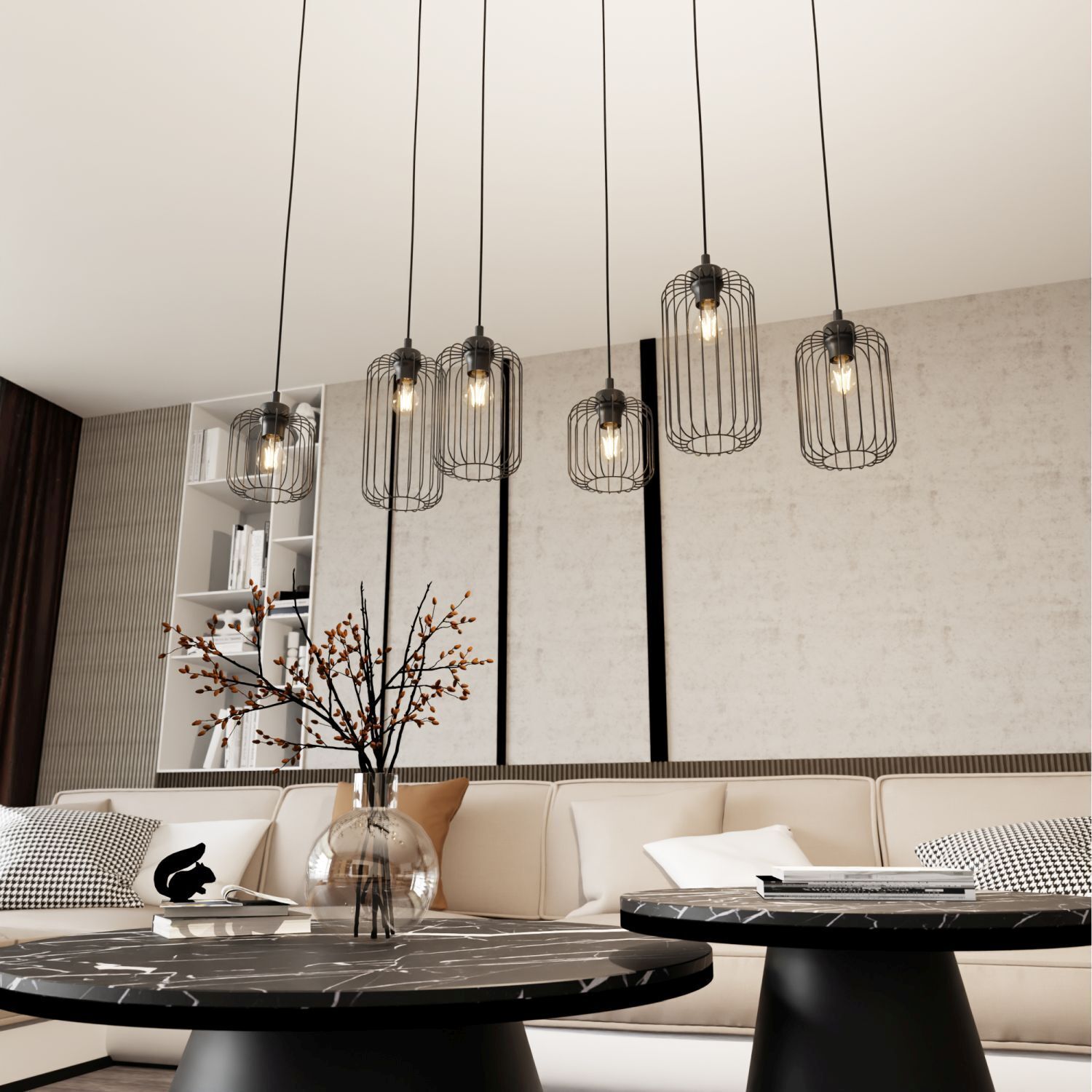 Metall Pendelleuchte Schwarz 115 cm 6-flammig dekorativ pendant lights, hängende lampen, wohnzimmer, schwarzmetall käfig, marmortisch