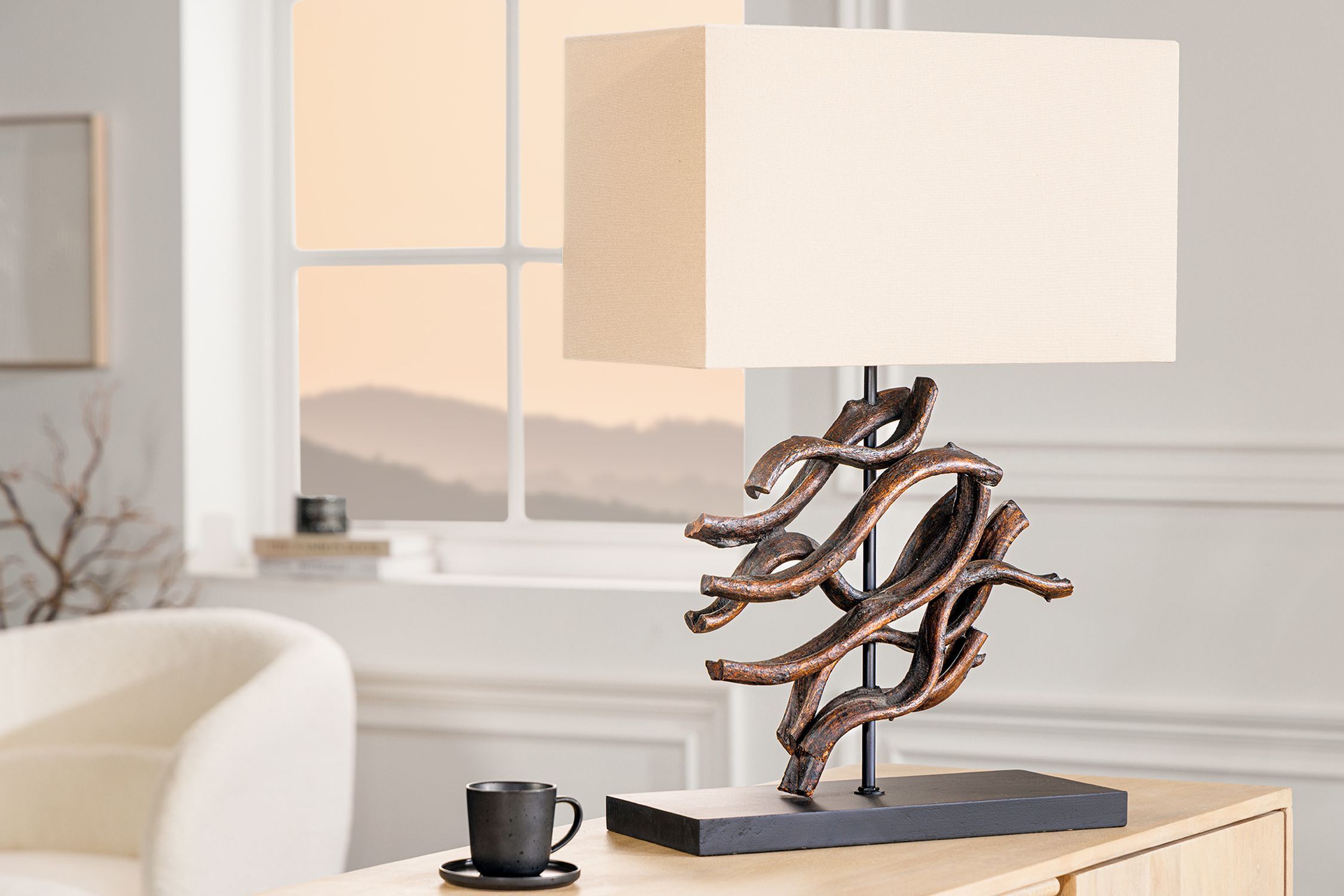 Tischleuchte Holz Stoff Kautschuk 57 cm E27 blendarm Lampe, Tischlampe, Tasse