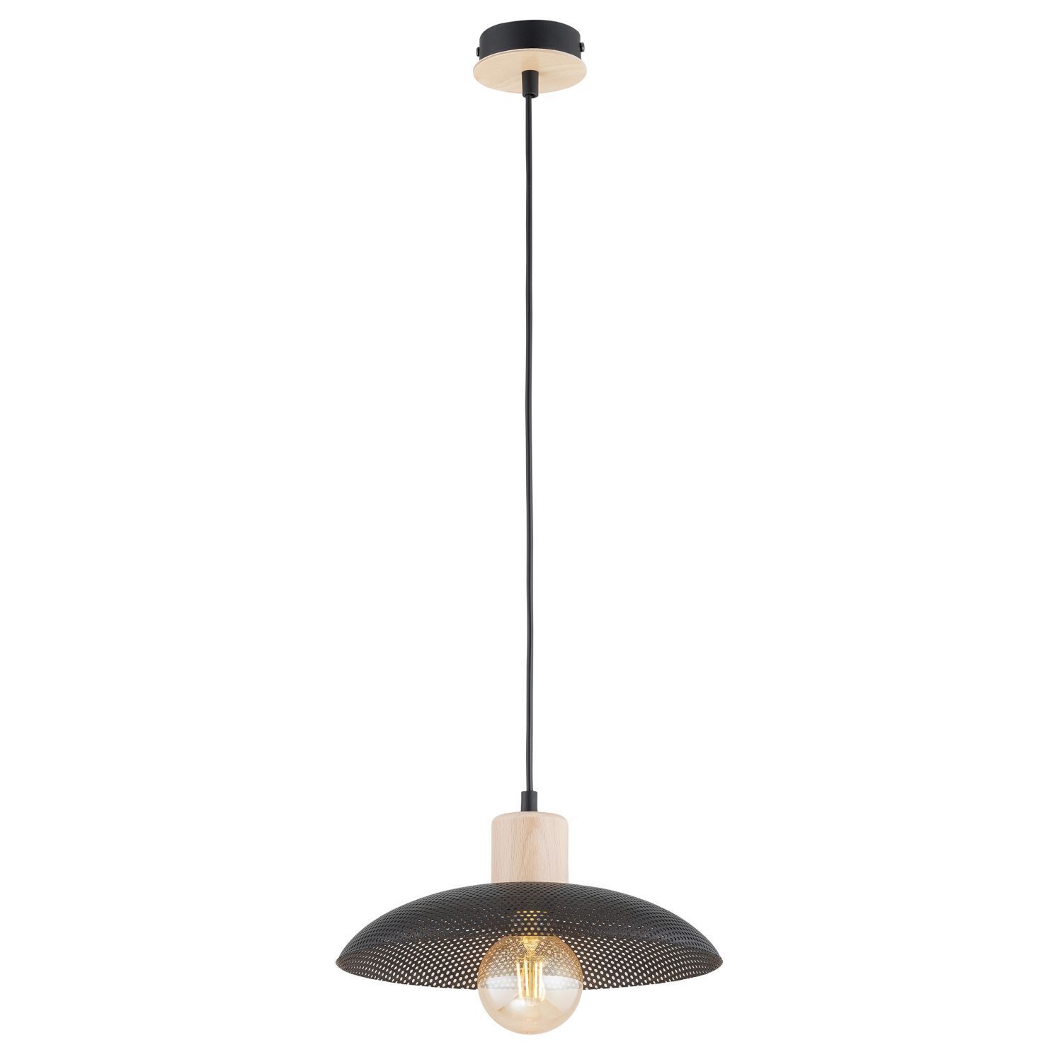 Lampe à suspendre métal Ø 30 cm noir imitation bois E27 Loft