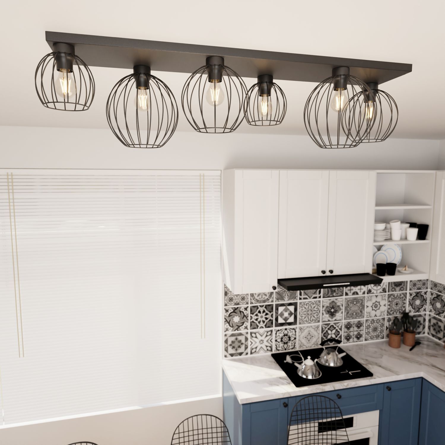 Deckenleuchte Schwarz Draht E27 6-flammig 115 cm Retro Hängeleuchte, Küchenlampe, Beleuchtung, Metallkugel, Kücheninterieur