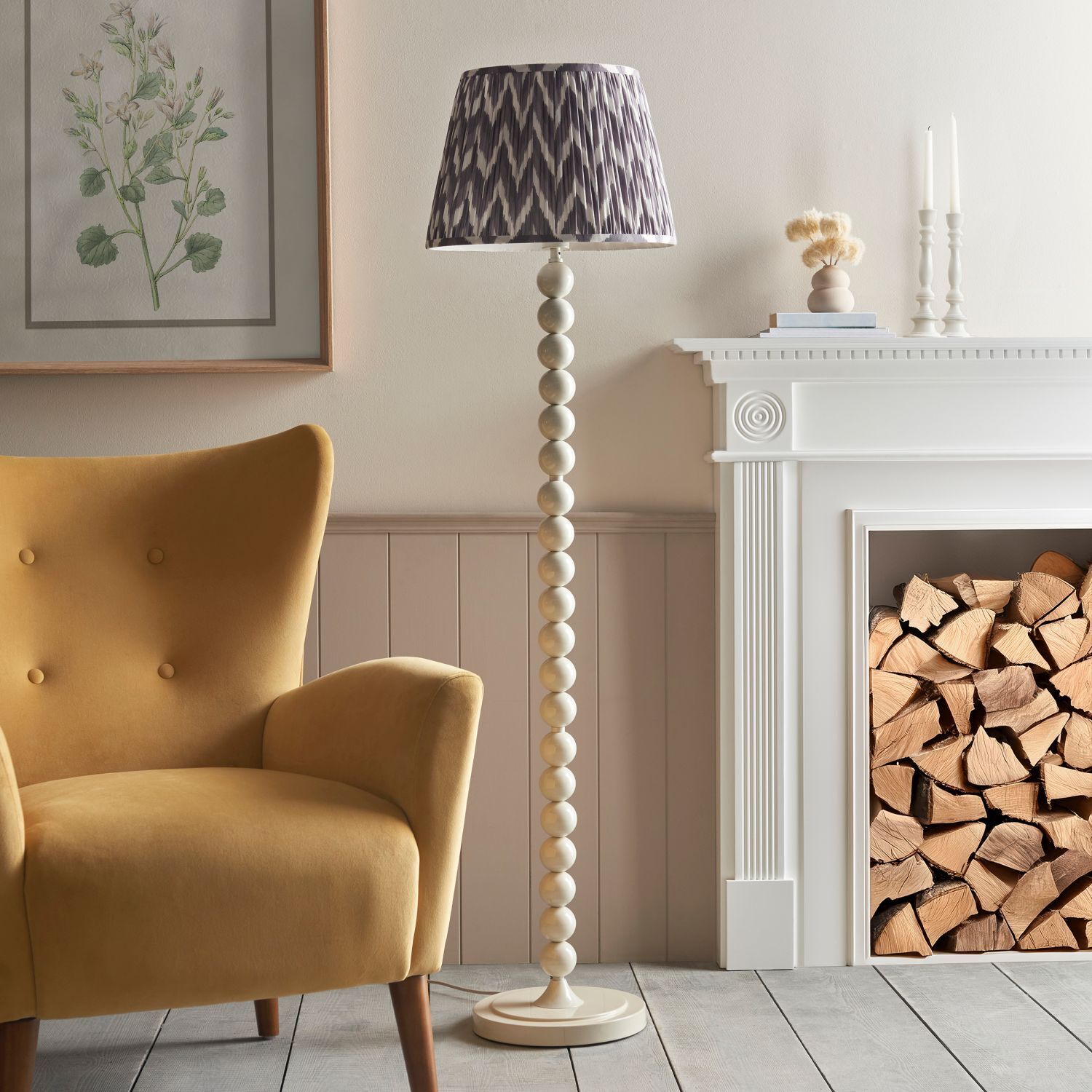 Lampadaire Tissu Métal 154 cm Crème Gris E27 à motifs