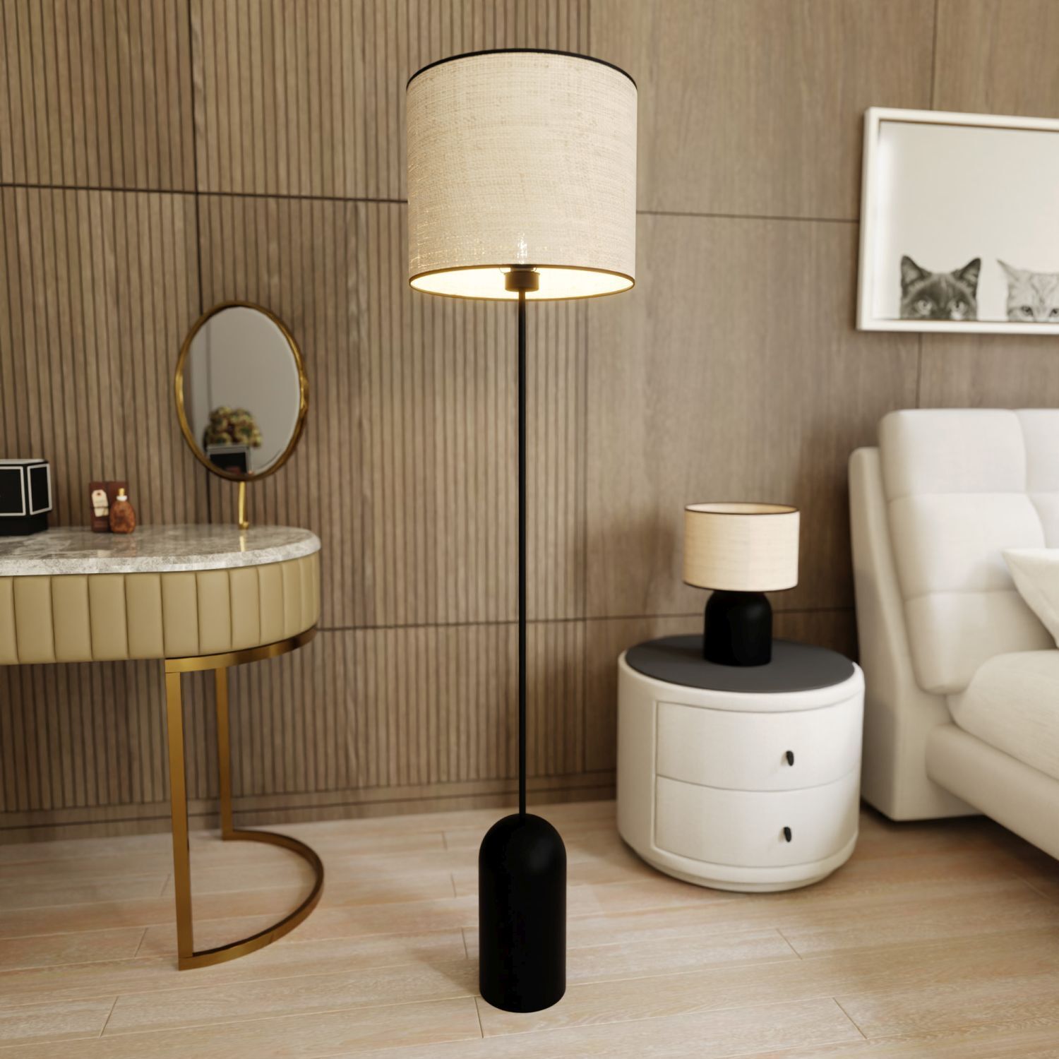 Lampadaire Rotin Métal E27 142 cm Noir Naturel Moderne