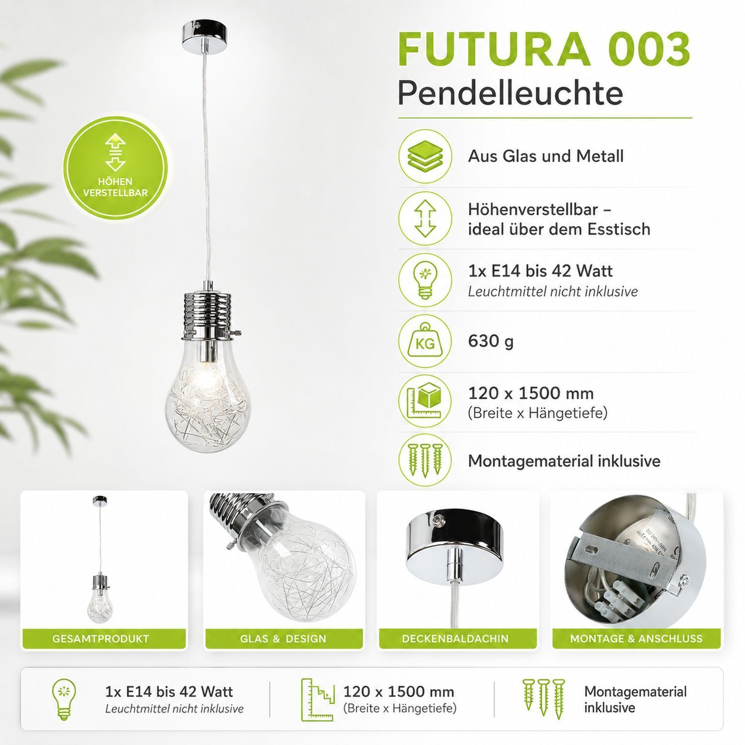 Pendelleuchte, Glas, Metall, Glühbirne nicht inklusive, Hängelampe