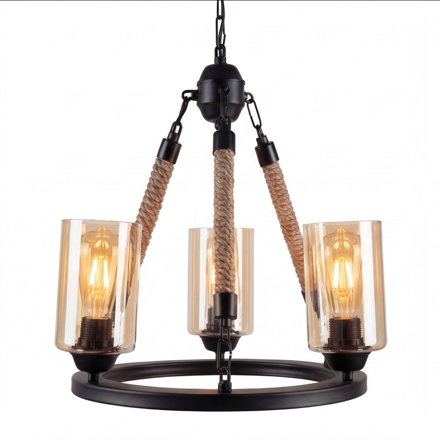 Kronleuchter Metall Rauchglas E27 B: 45 cm 3-flammig Chandelier, Hängelampe, Rope, Beleuchtung, Glaskuppe