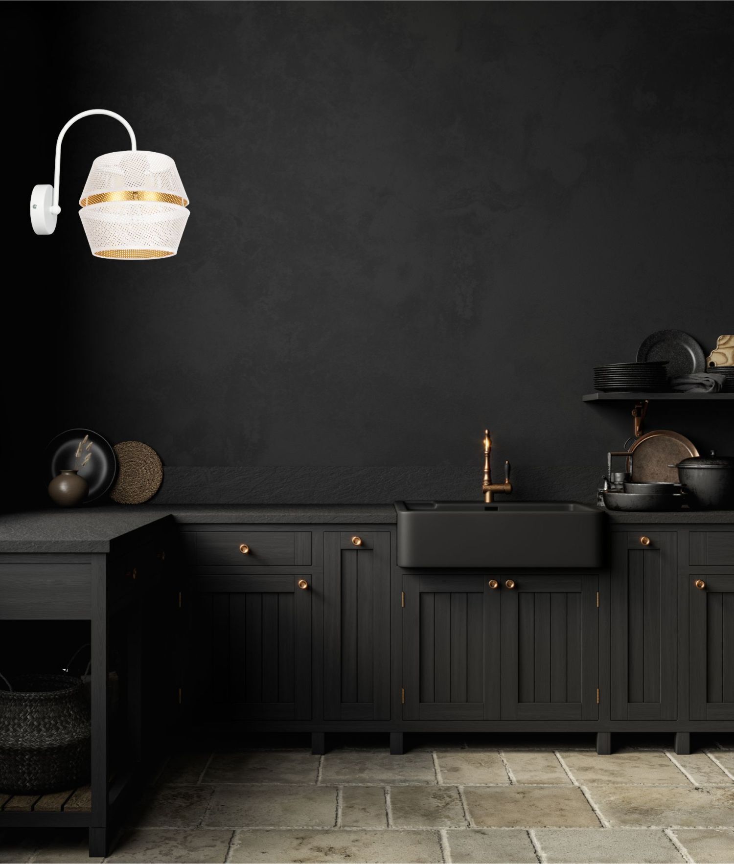 Stilvolle Wandleuchte Metall Weiß Gold H:25 cm E27 Küchenunterschrank, Waschtisch, Spüle, Wandlampe, Keramikfliesen