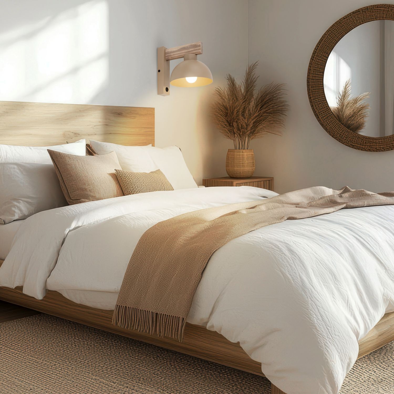 Wandleuchte mit Schalter Holz Metall Beige E27 B:18 cm bett, bettkopf, bettdecke, kuscheldecke, naturton