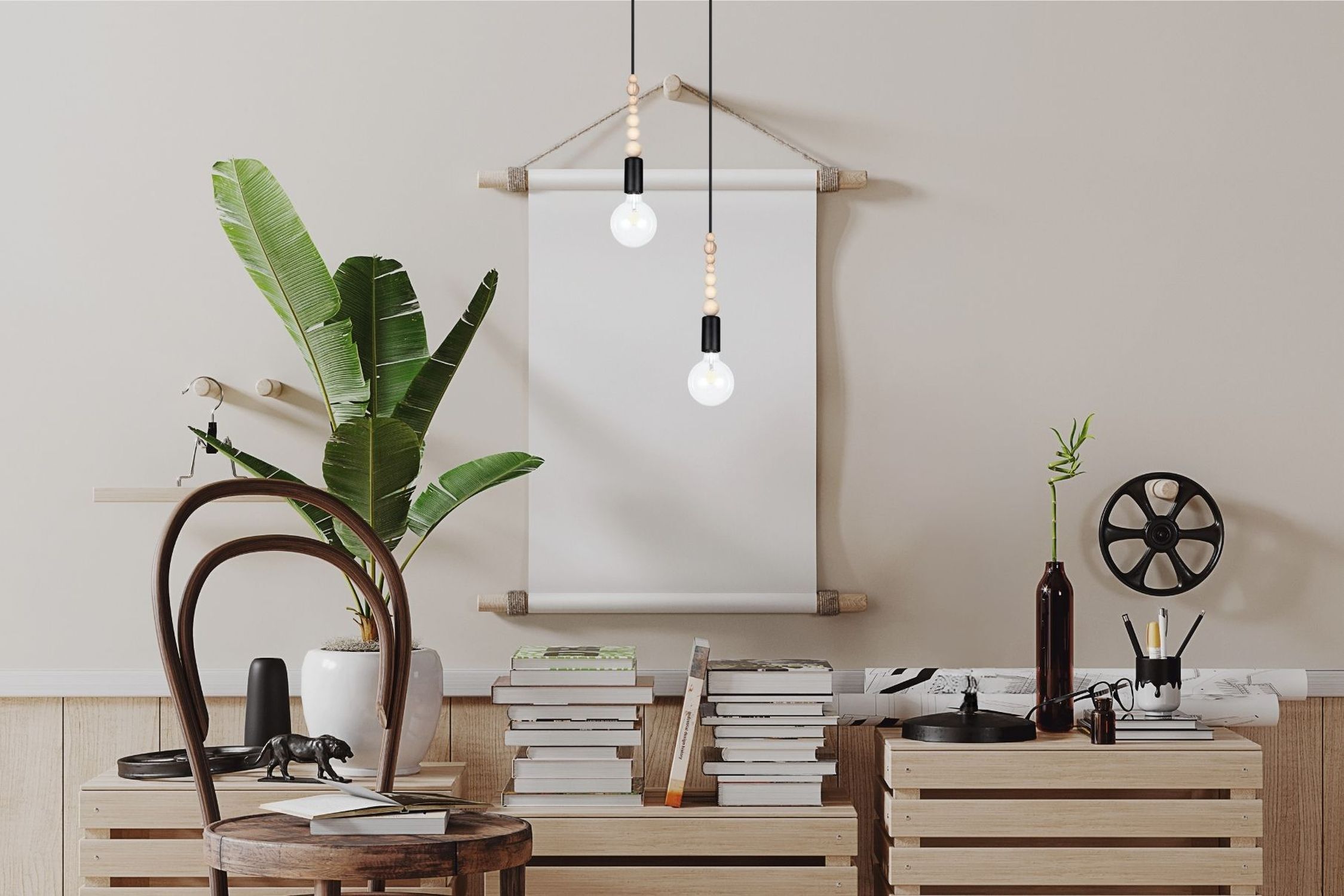 Suspension bois métal noir E27 Ø14 cm confortable Drinnen, Innenarchitektur, Pflanze, Tabelle, Lampe